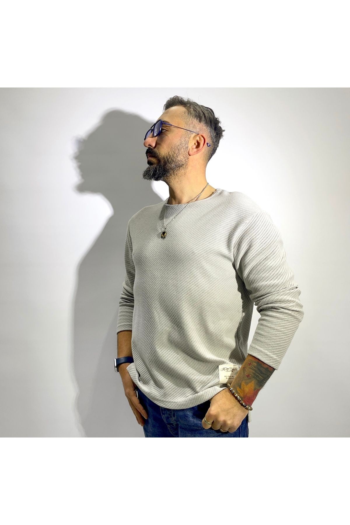 Mikro Desenli Pis Yaka Uzun Kollu Erkek Triko