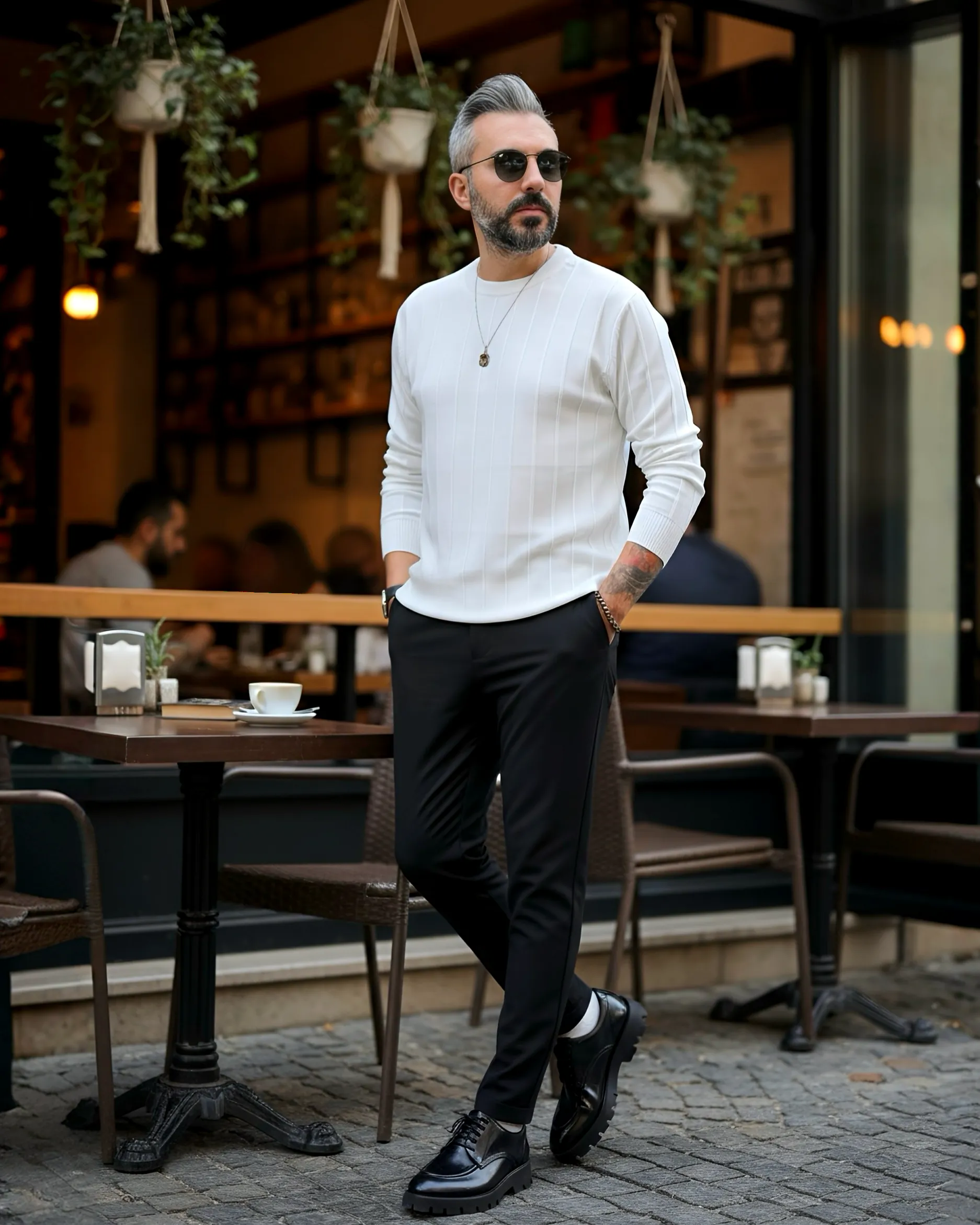 La Forma Fitil Dokulu Bisiklet Yaka Erkek Triko Kazak - beyaz