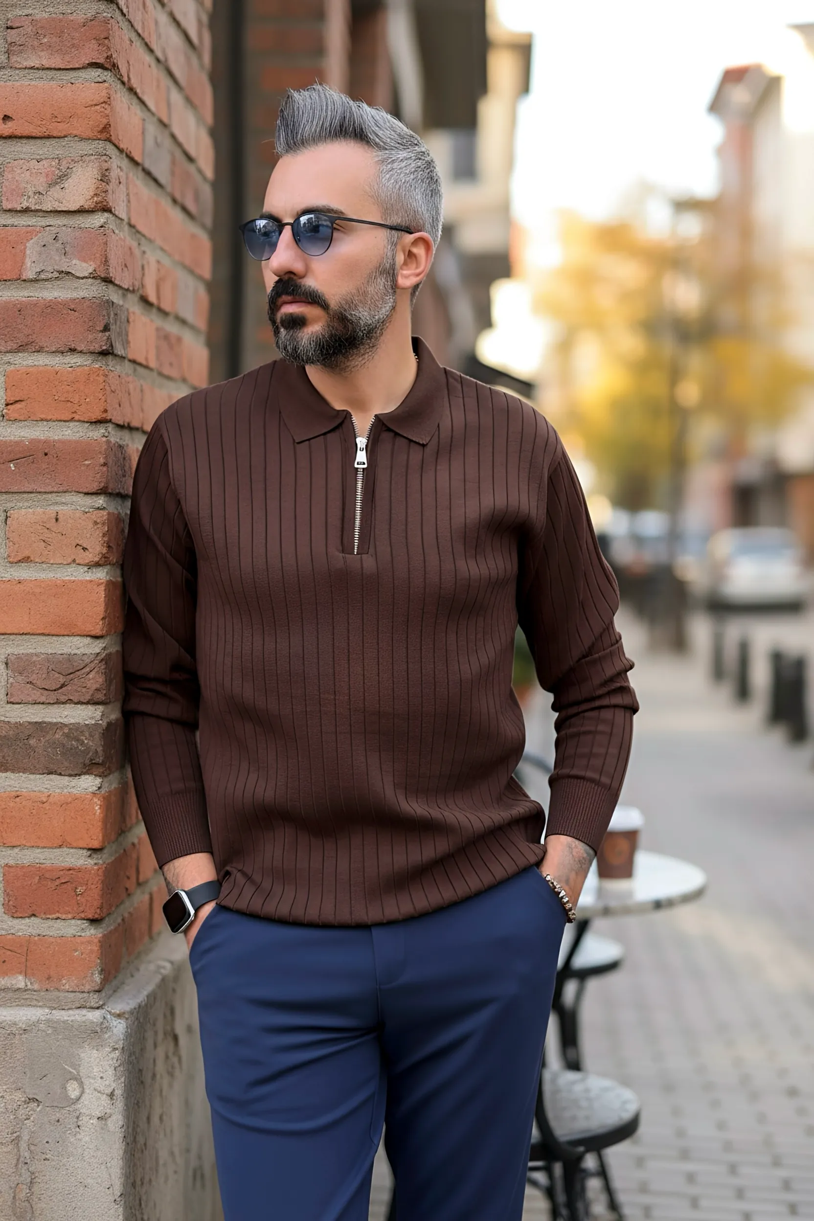 Espresso Line Old Money Erkek Triko Yarım Fermuarlı Polo Kazak - kahve