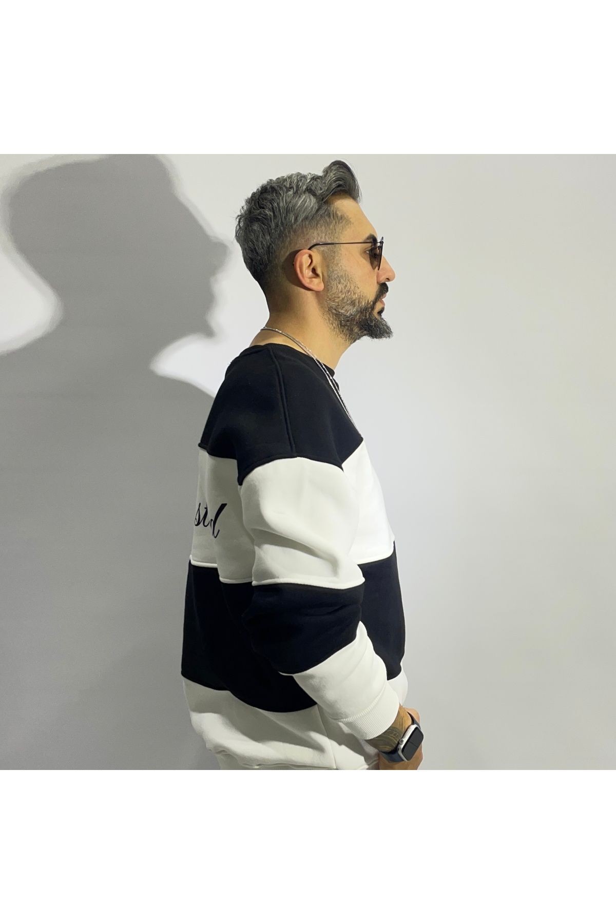 Siyah Beyaz Blok Detaylı Erkek Oversize Sweatshirt