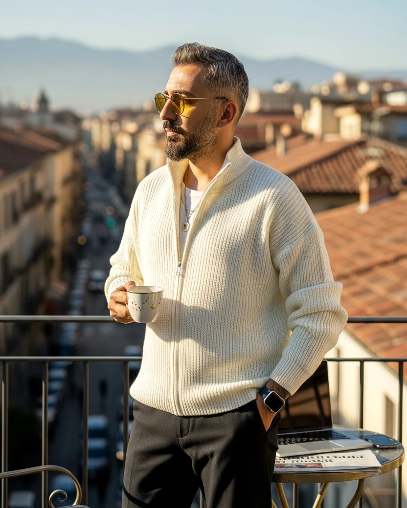 Knitted Zippered Oversize Men's Cardigan - Ecru