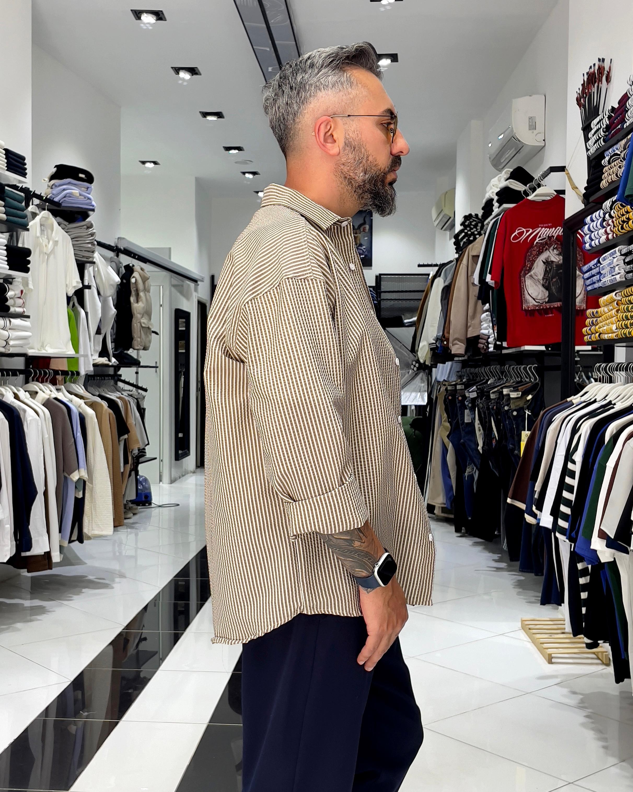 Gofre Kumaş Çizgili Oversize Erkek Gömlek - kahve