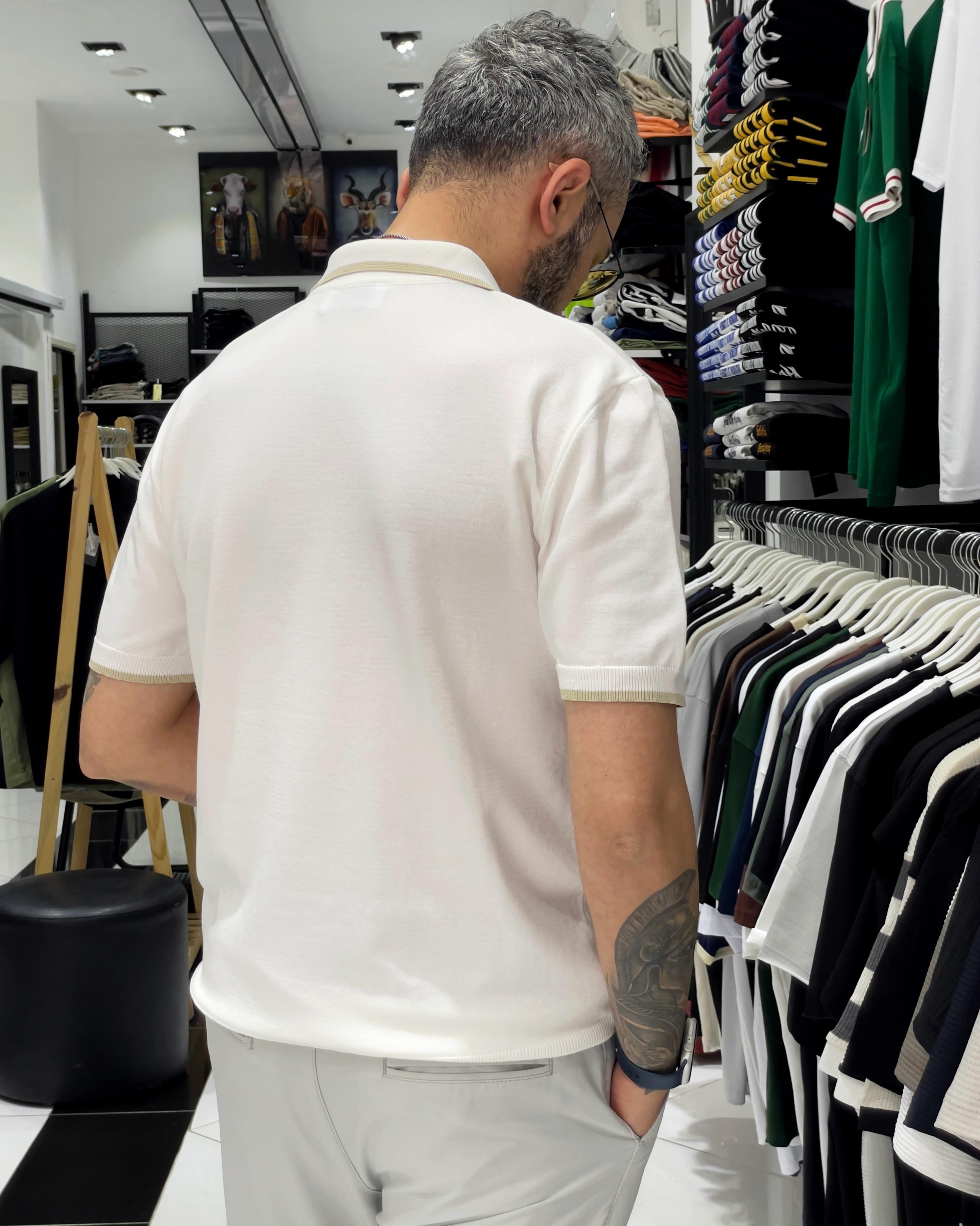 Yarım Fermuarlı Triko Polo Yaka T-Shirt - beyaz