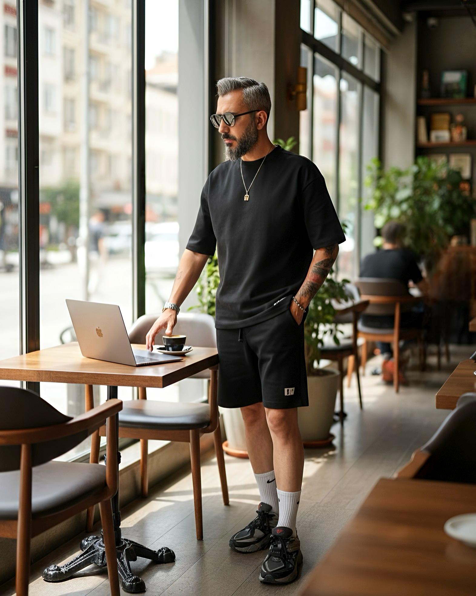 Waffle Kumaş Oversize Erkek T-Shirt & Şort İkili Takım - siyah