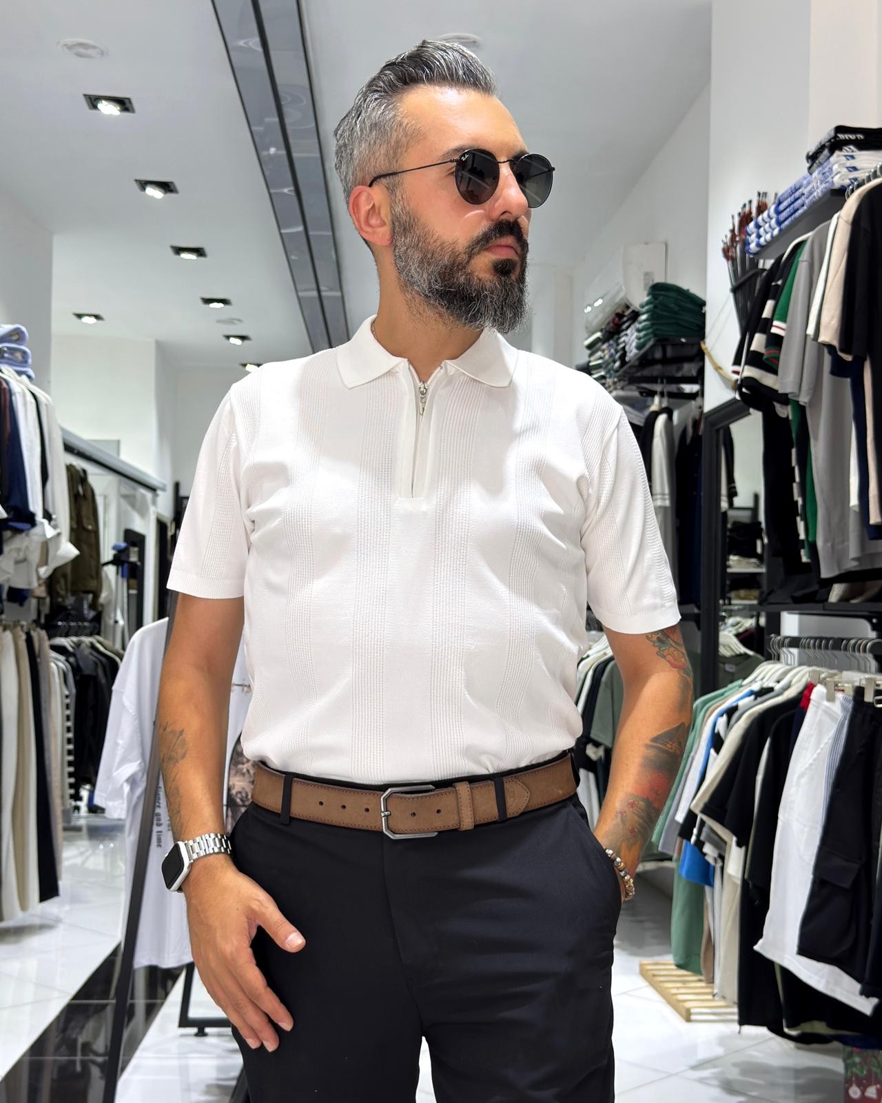  Desenli Polo Yaka Yarım Fermuarlı Erkek T-Shirt - beyaz