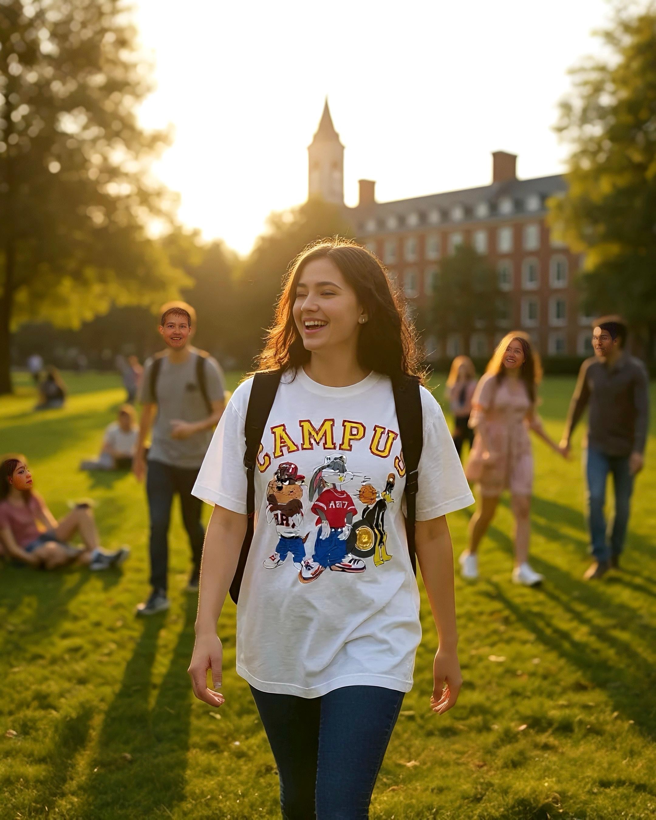 Kampüs Baskılı Oversize %100 Pamuk Erkek T-Shirt – Higo Man - beyaz