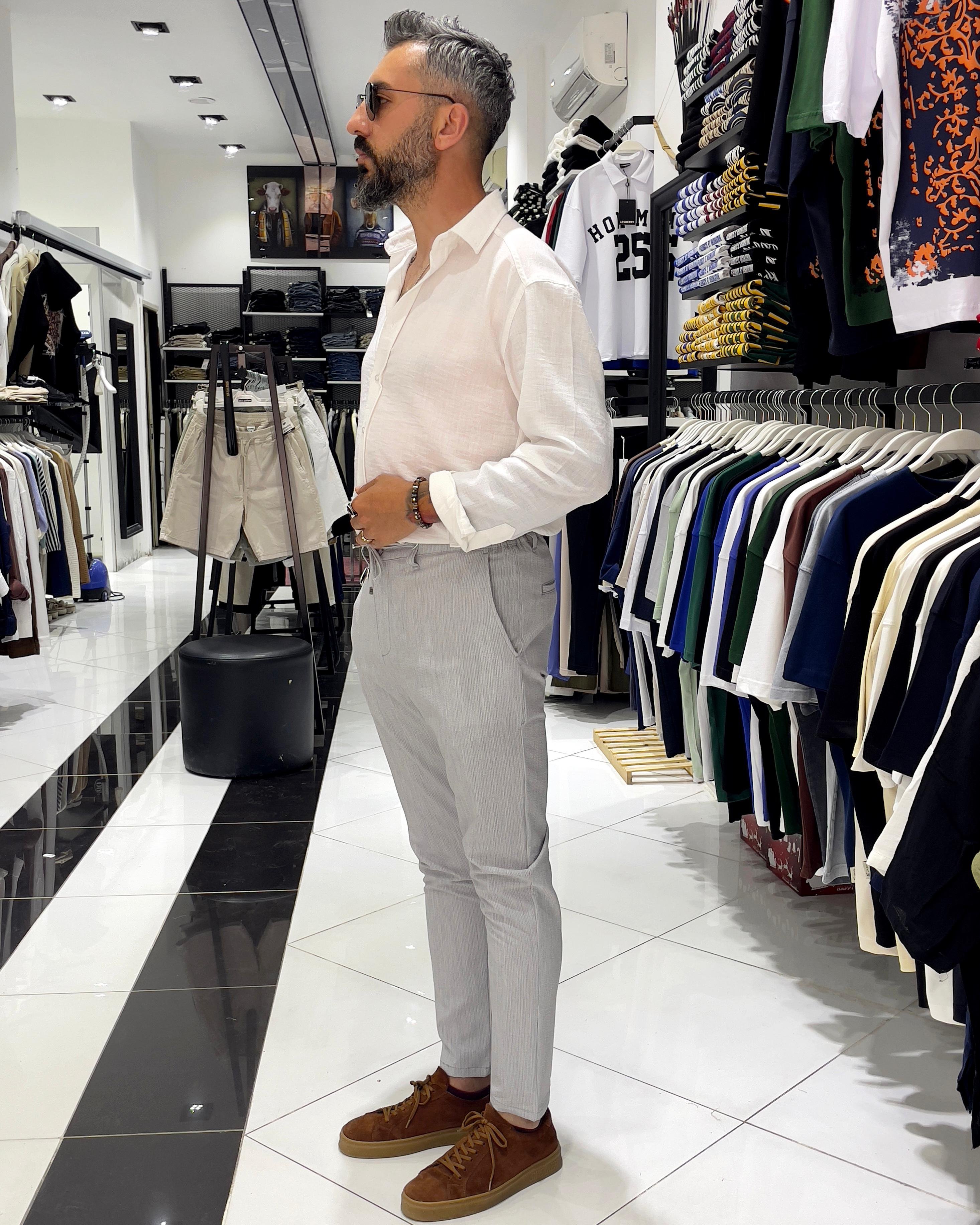 Fitil Dokulu Gofre Kumaş Yüksek Bel Erkek Pantolon | Higo Man - gri