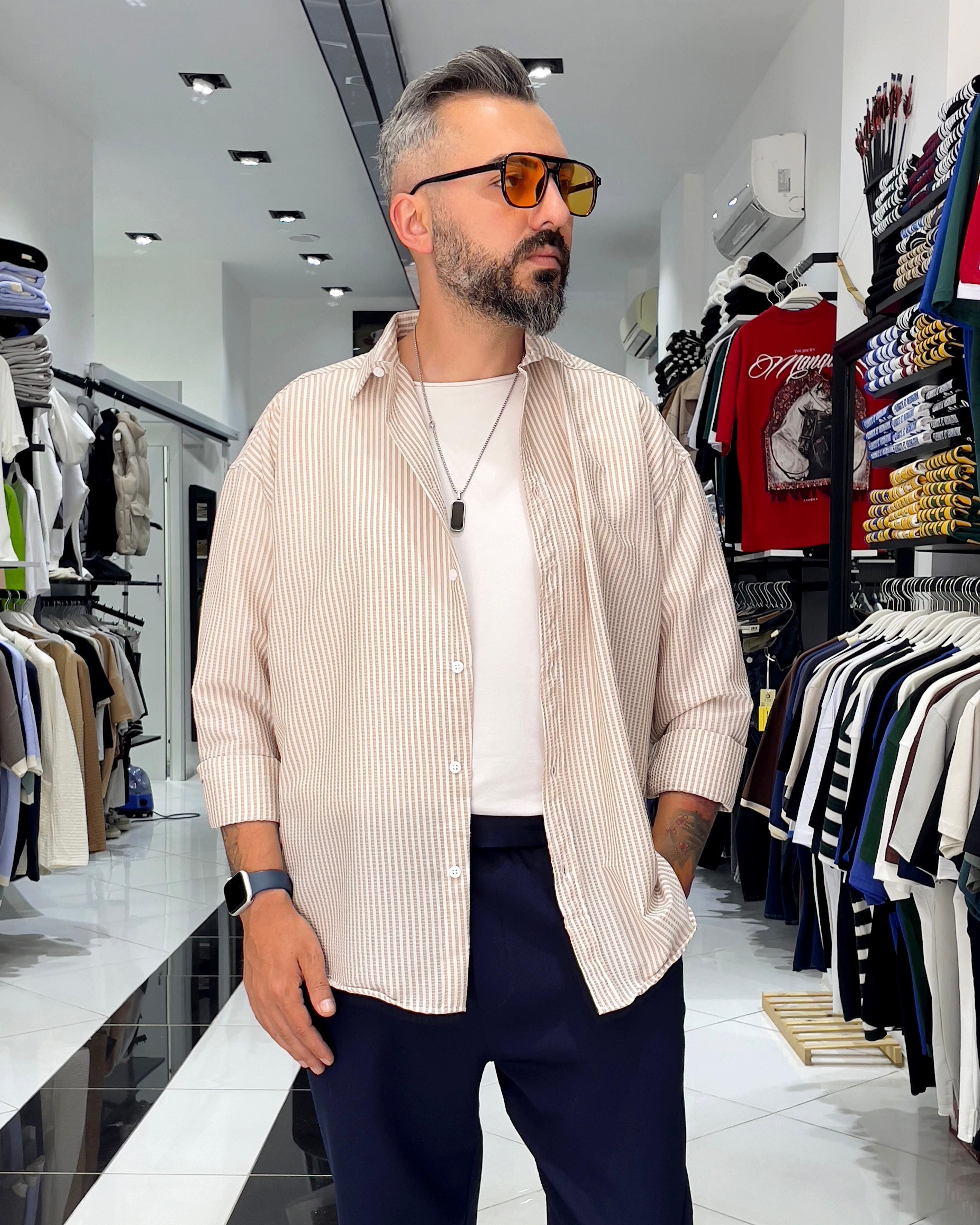 Gofre Kumaş Çizgili Oversize Erkek Gömlek
