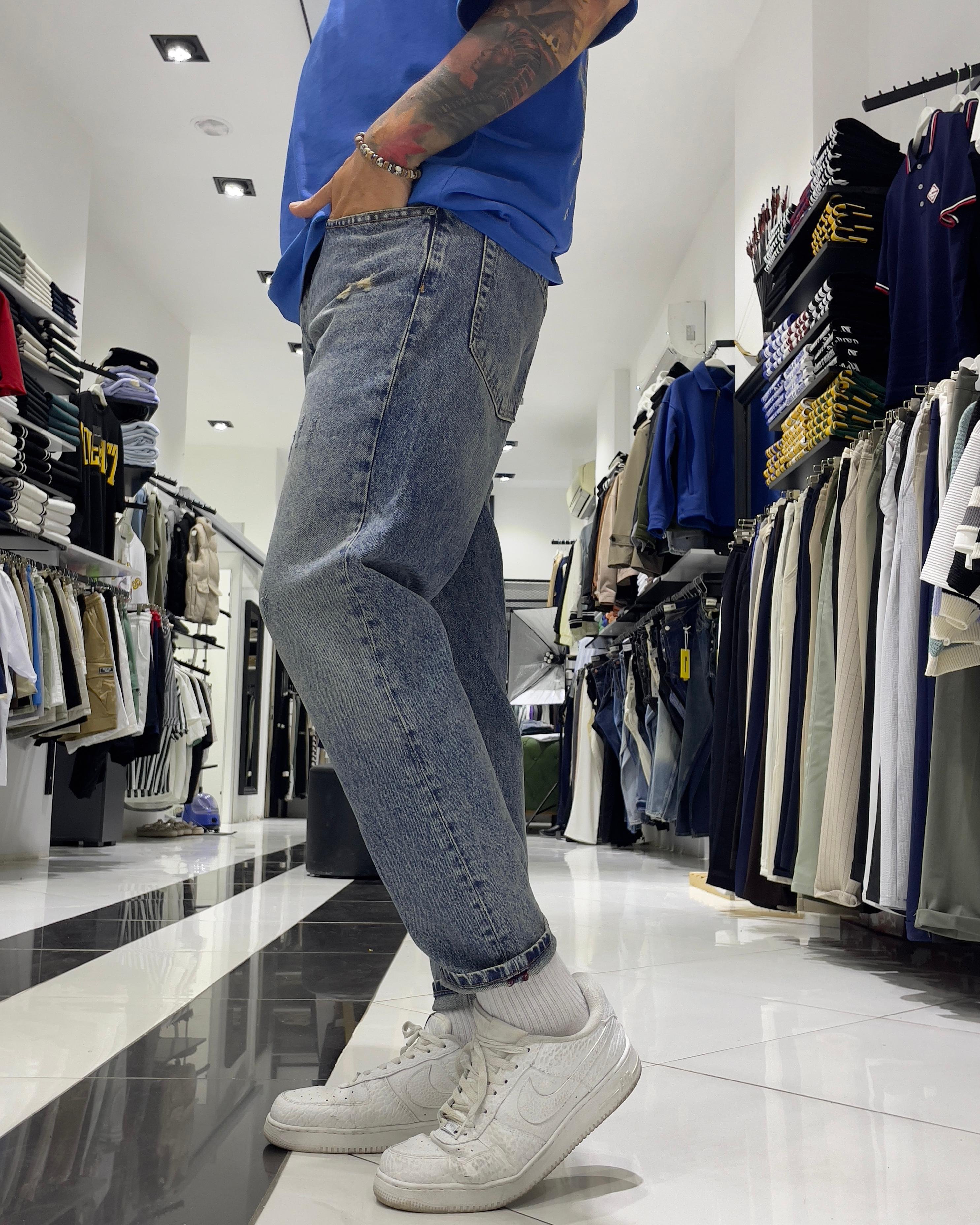 Yıkamalı Açık Mavi Boyfriend Erkek Jean Pantolon