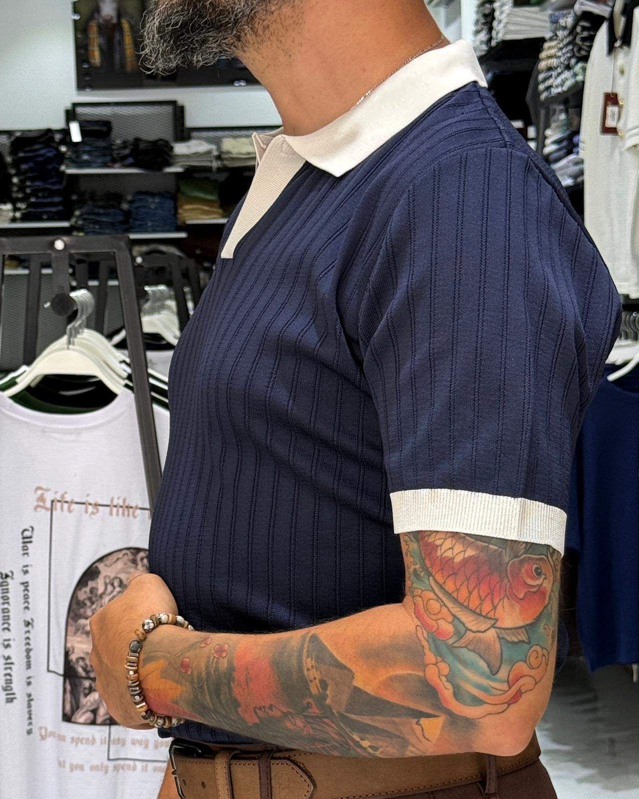 Yaka Detaylı Erkek Triko Polo Yaka T-Shirt - lacivert