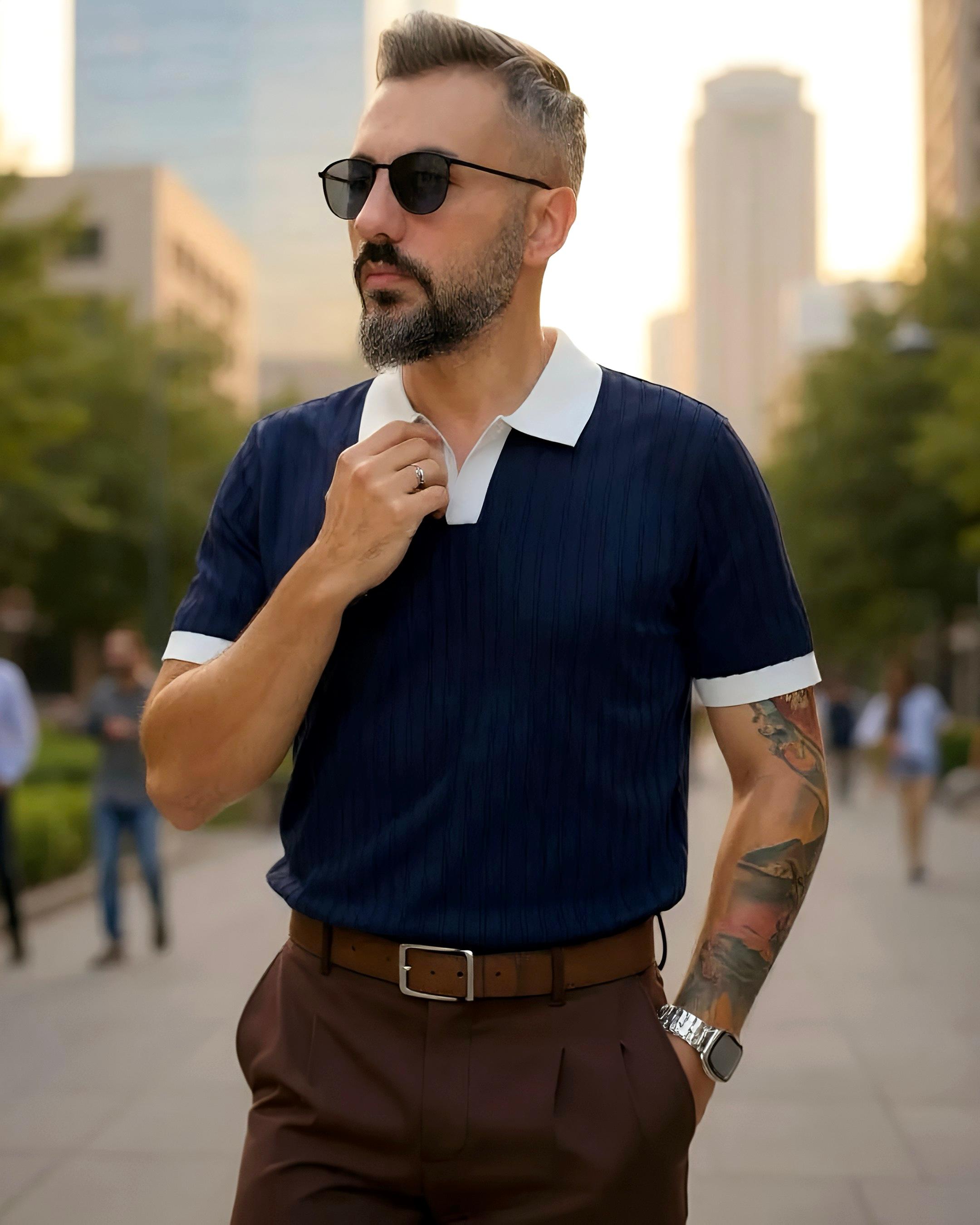 Yaka Detaylı Erkek Triko Polo Yaka T-Shirt - lacivert