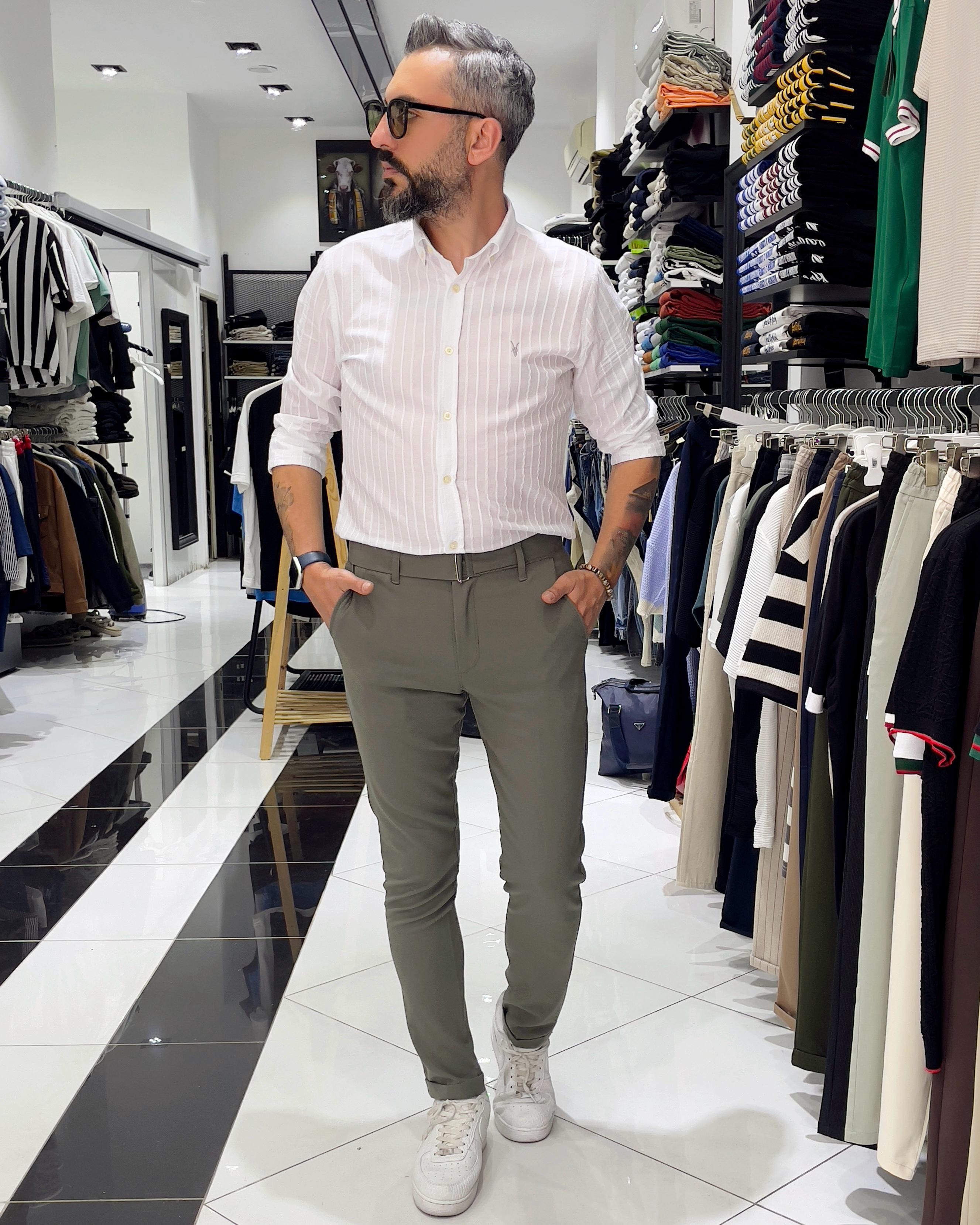 Italian Style Belted Men's Fabric Trousers - Khaki green