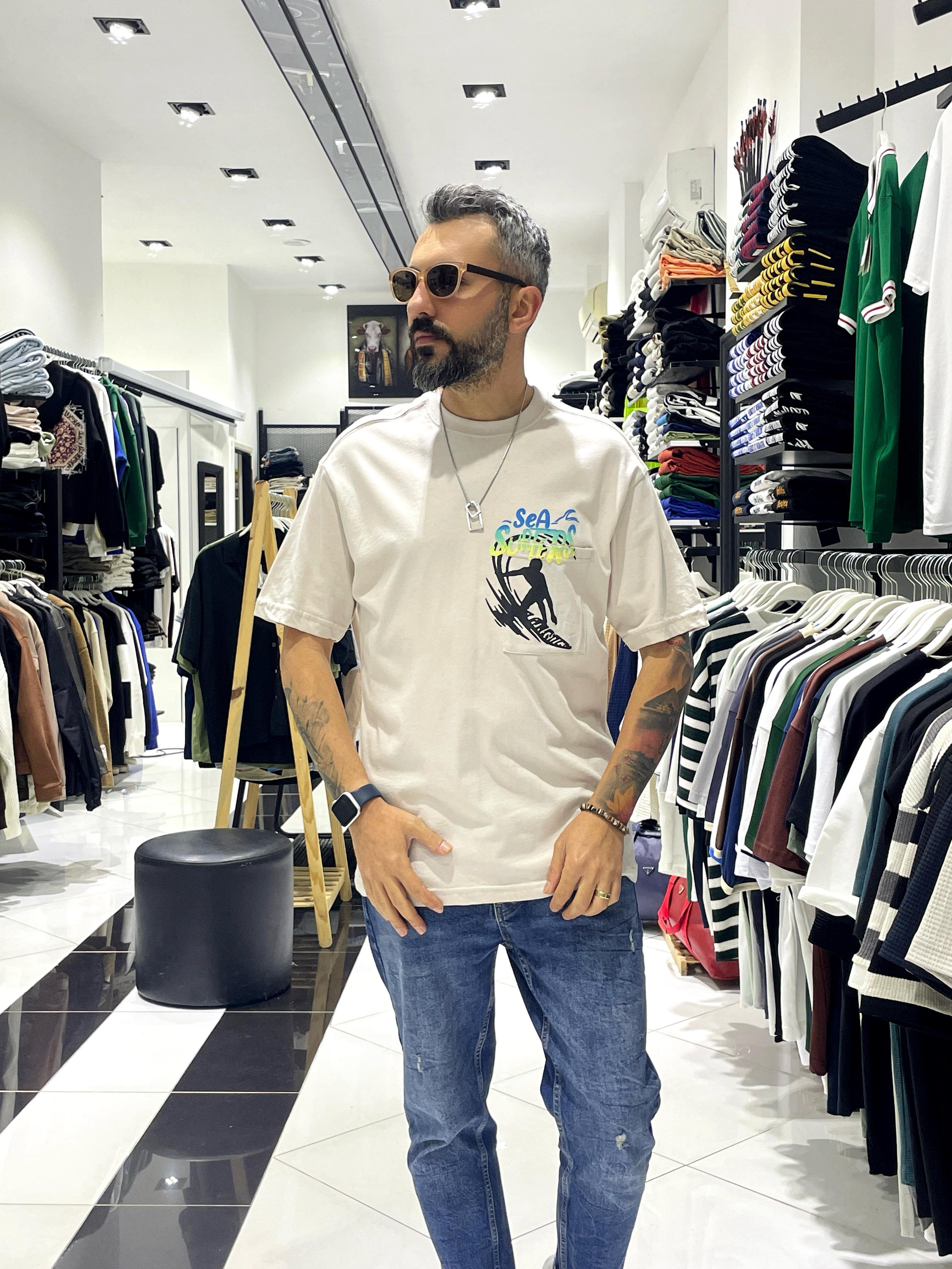 Sea Surfers Sloganlı Oversize T-Shirt - krem/bej