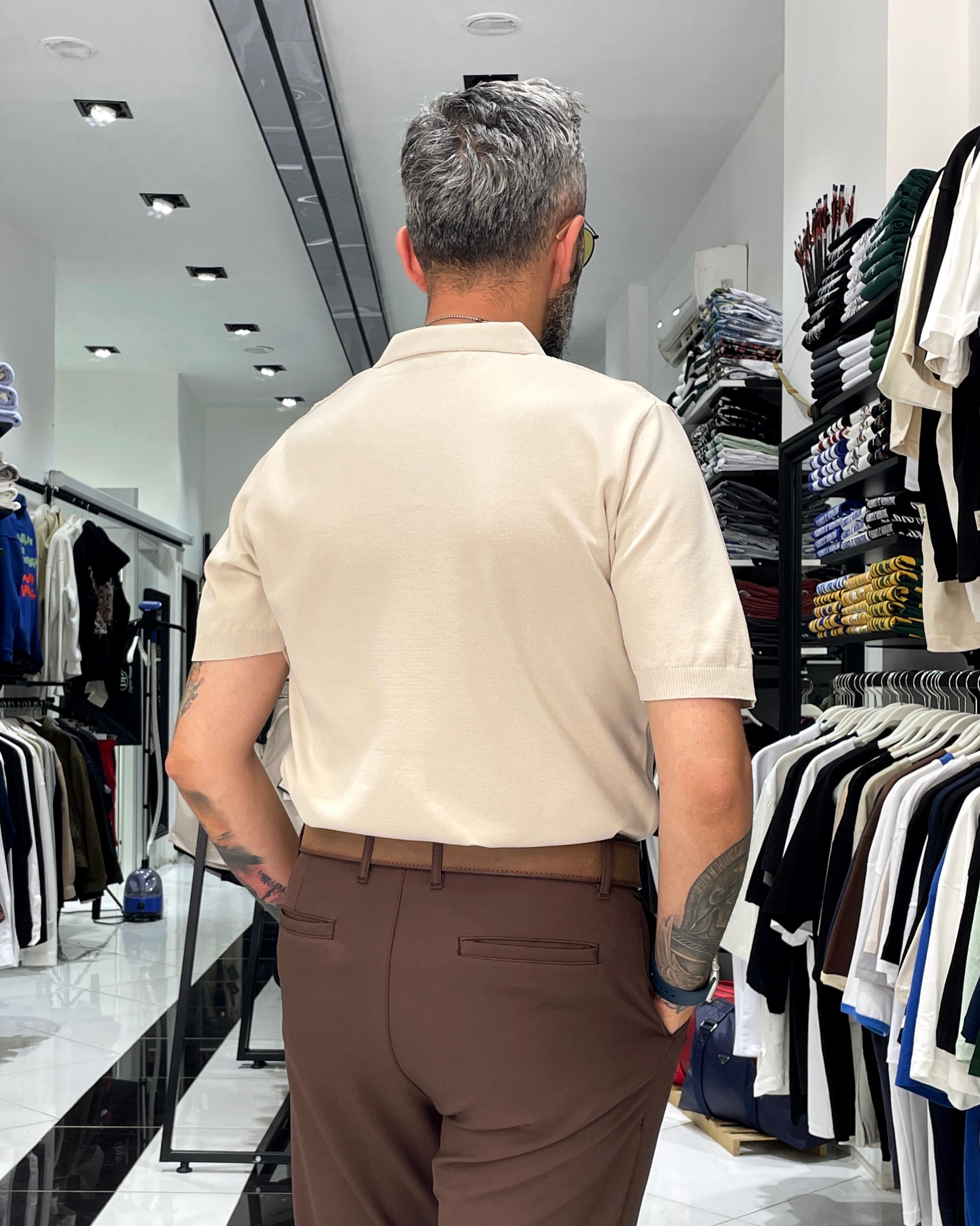 Kendinden Desenli Triko Erkek Polo Yaka T-Shirt - krem