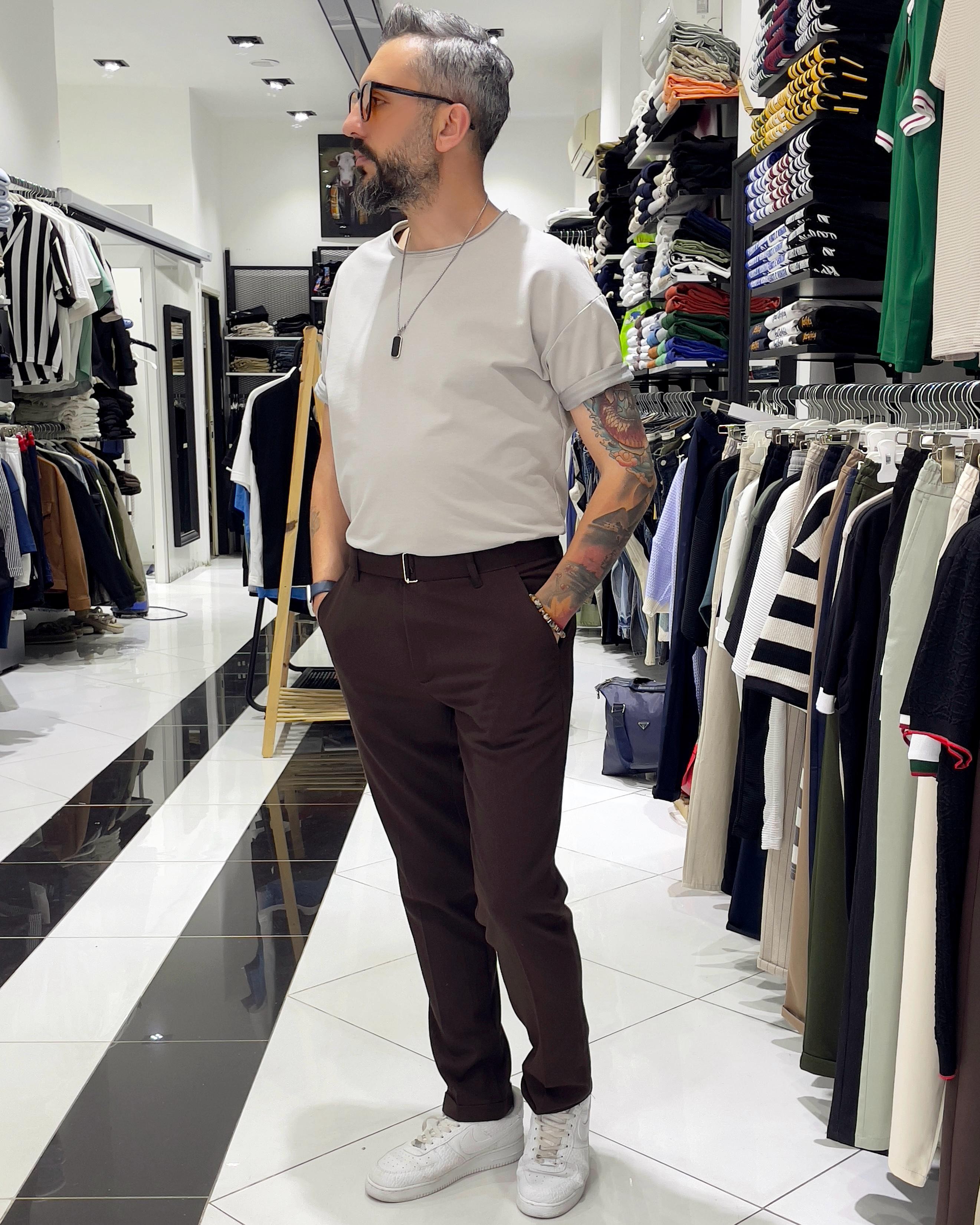 Italian Style Belted Men's Fabric Trousers - Brown