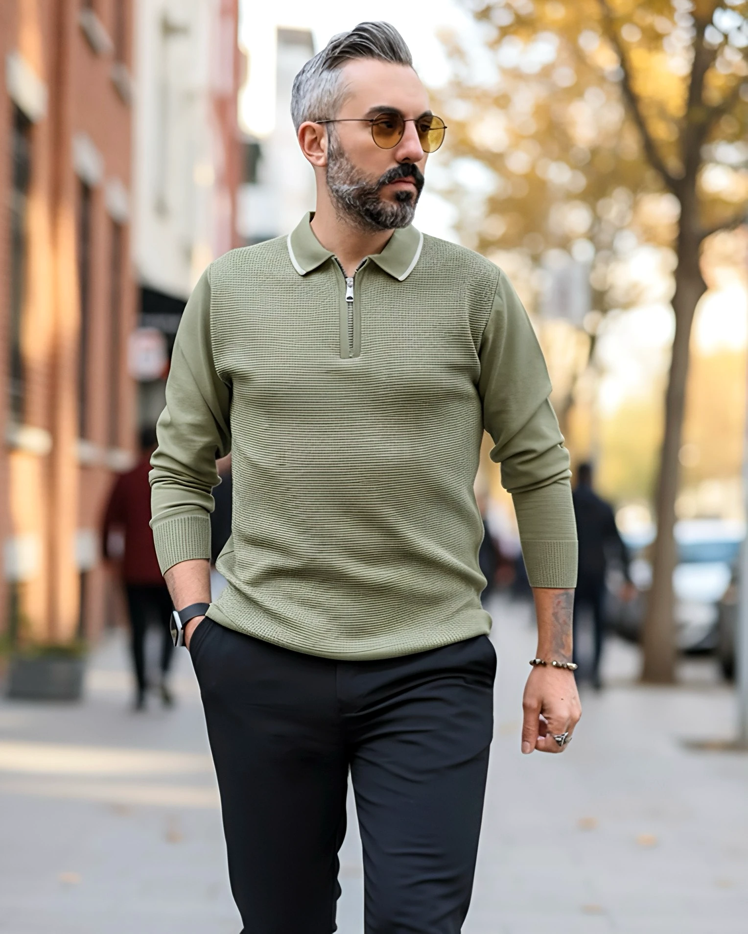 Old Money Erkek Yarım Fermuarlı Triko Kazak - yeşil