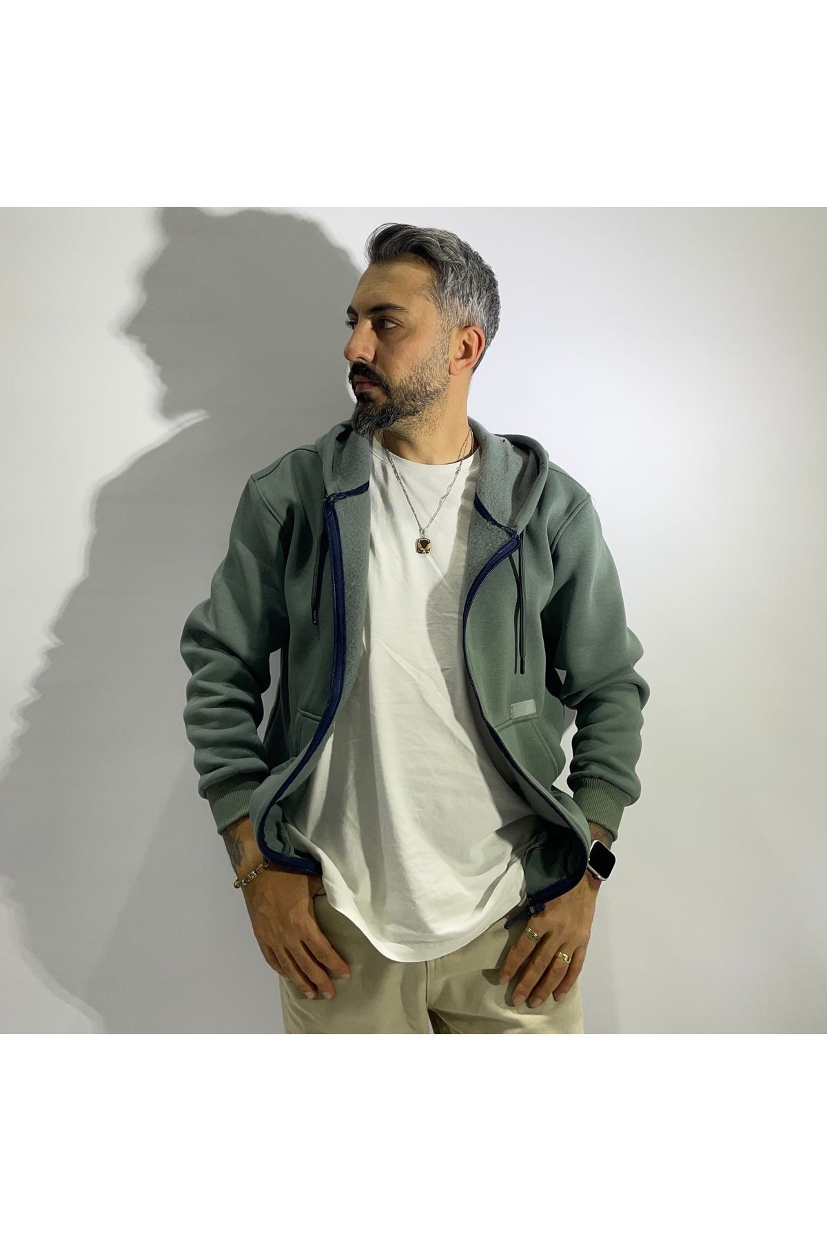 Fermuarlı Kapüşonlu Basic Erkek Sweatshirt - yeşil