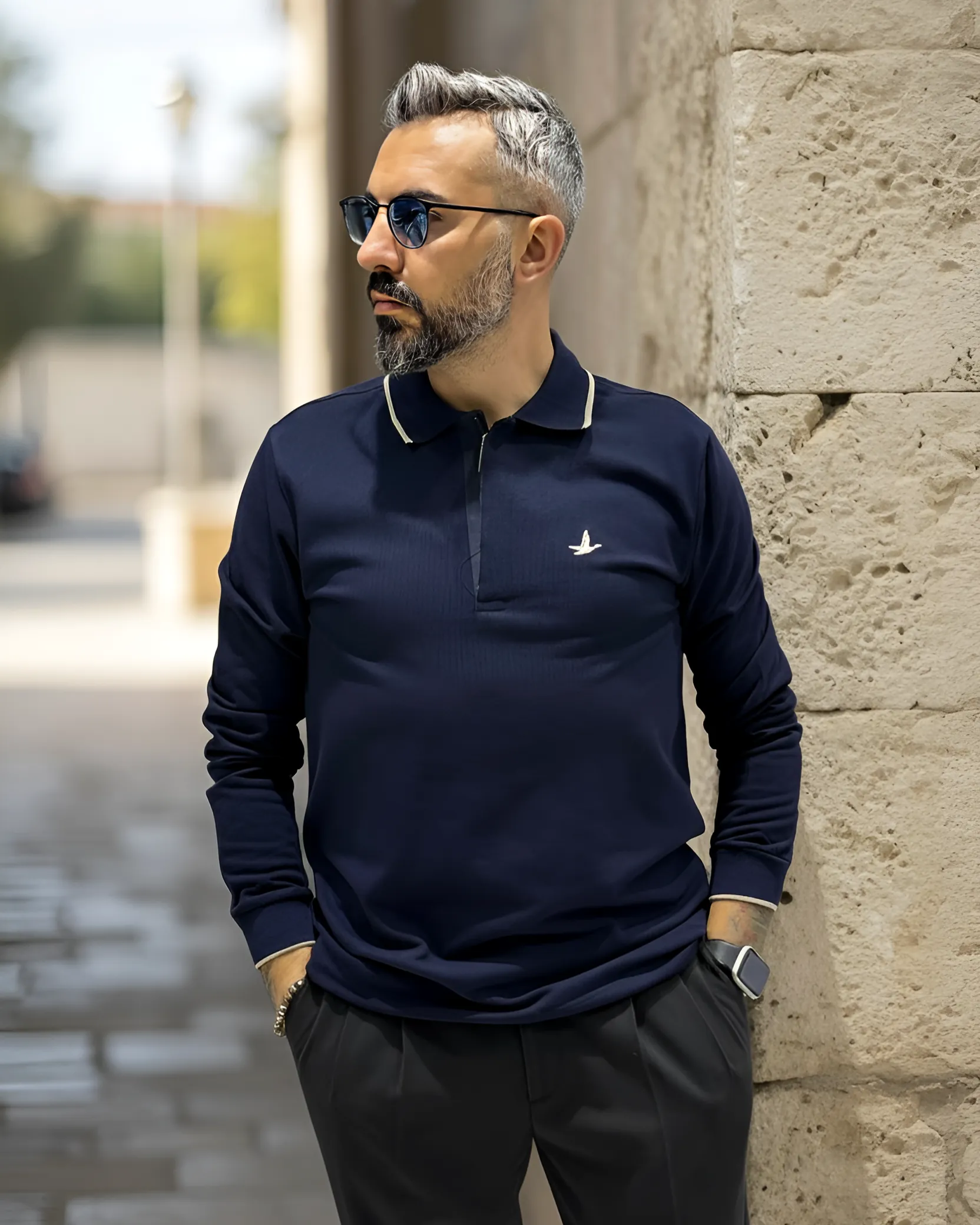 Uzun Kollu  Yarım Fermuarlı Pike Kumaş Erkek Polo - lacivert