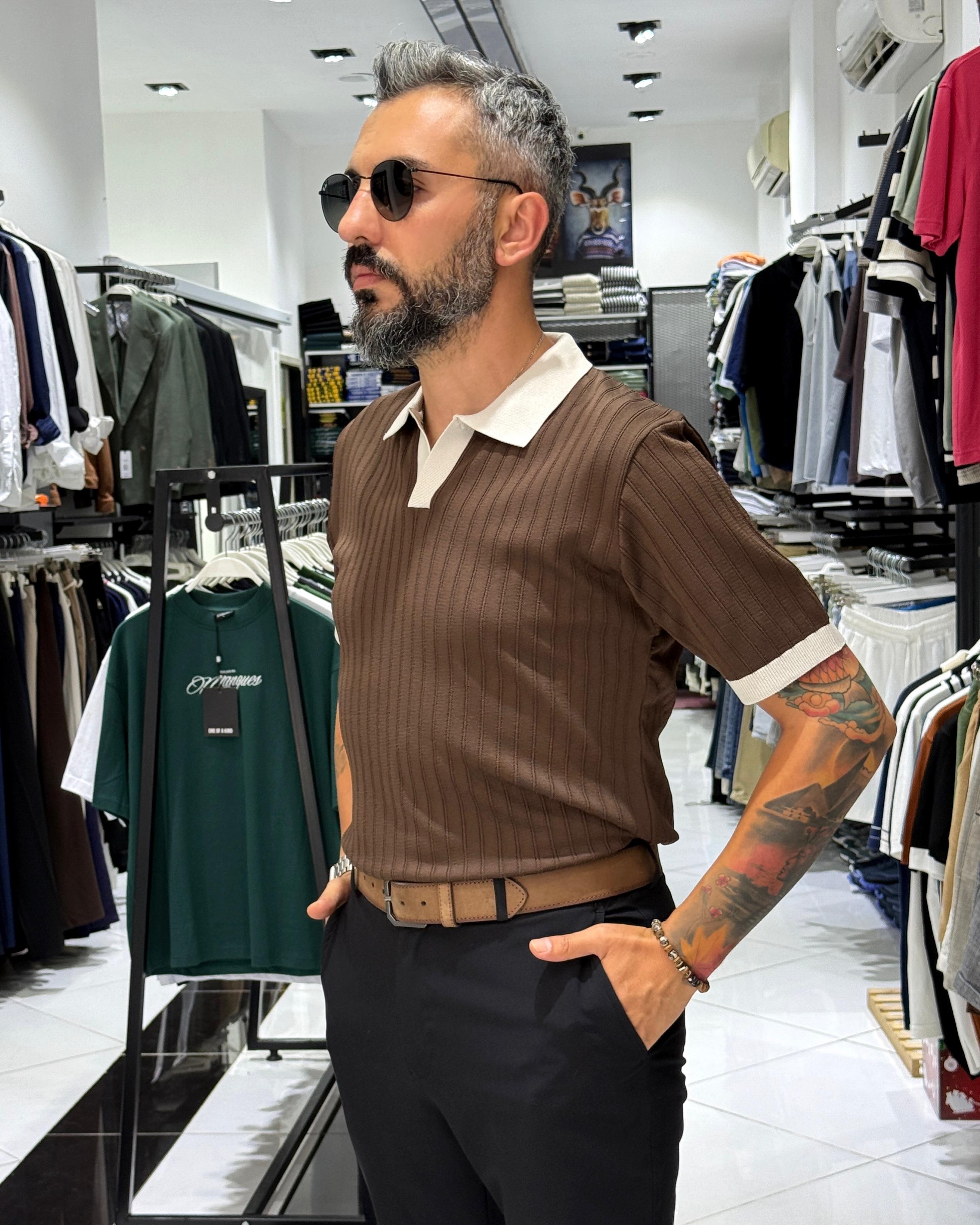 Yaka Detaylı Erkek Triko Polo Yaka T-Shirt - kahve