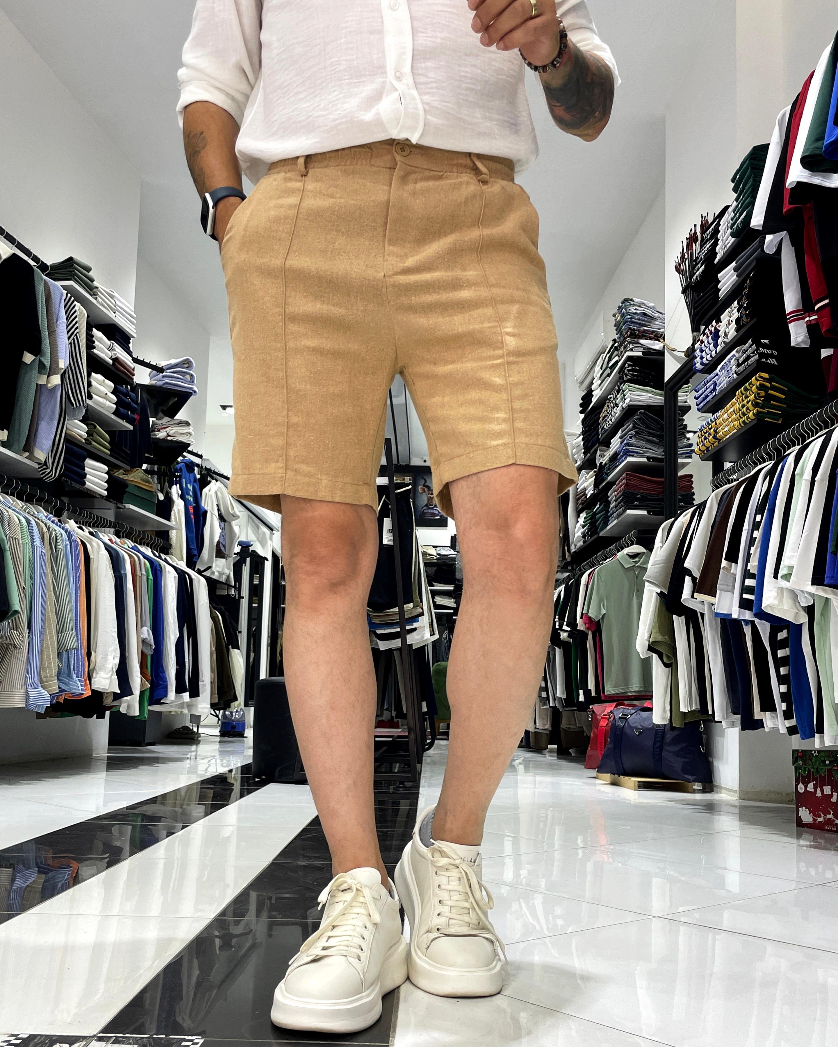 Relaxed Fit Çima Çizgi Detaylı Erkek Keten Pamuk Şort