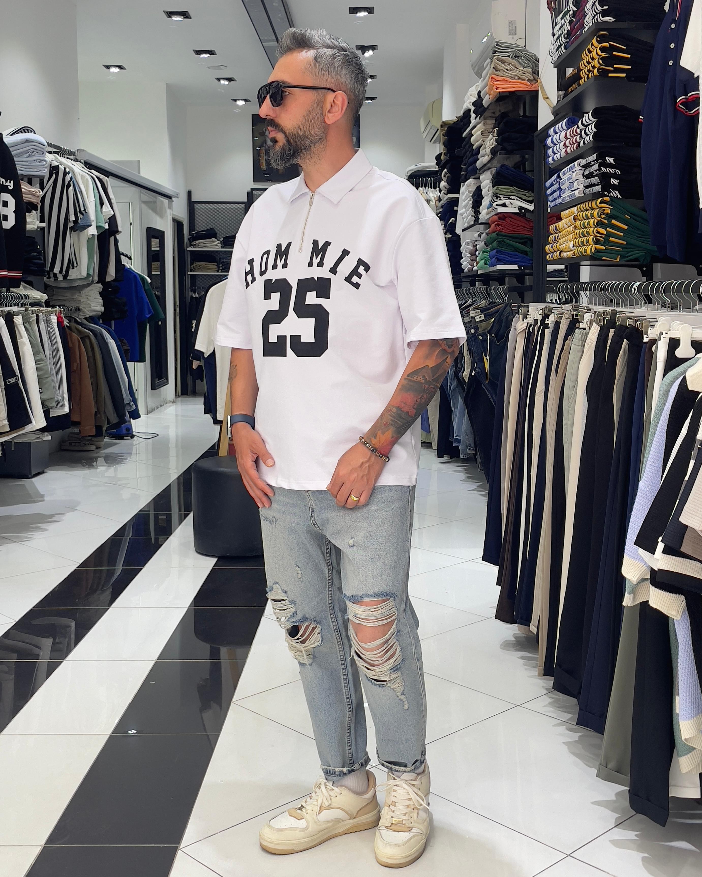 Hommie Baskili Oversize Erkek Polo Yaka T-Shirt - beyaz