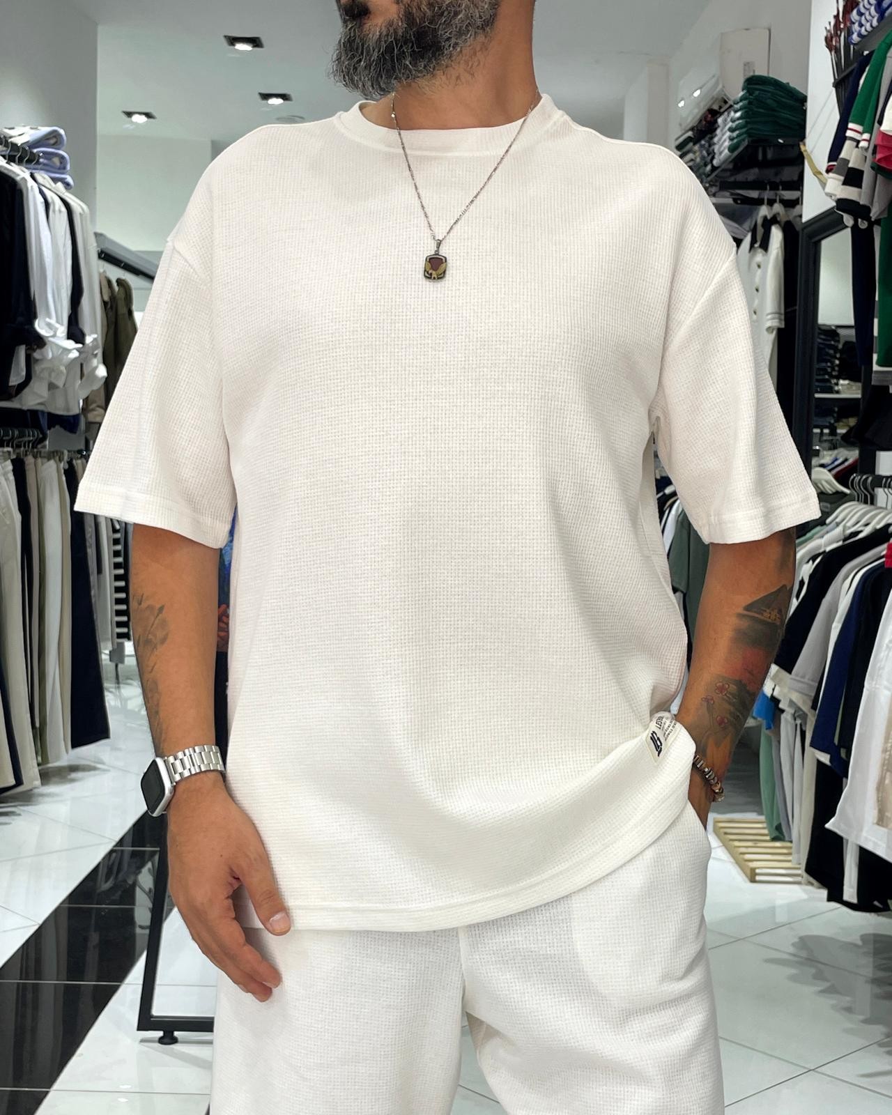 Waffle Kumaş Oversize Erkek T-Shirt & Şort İkili Takım - beyaz
