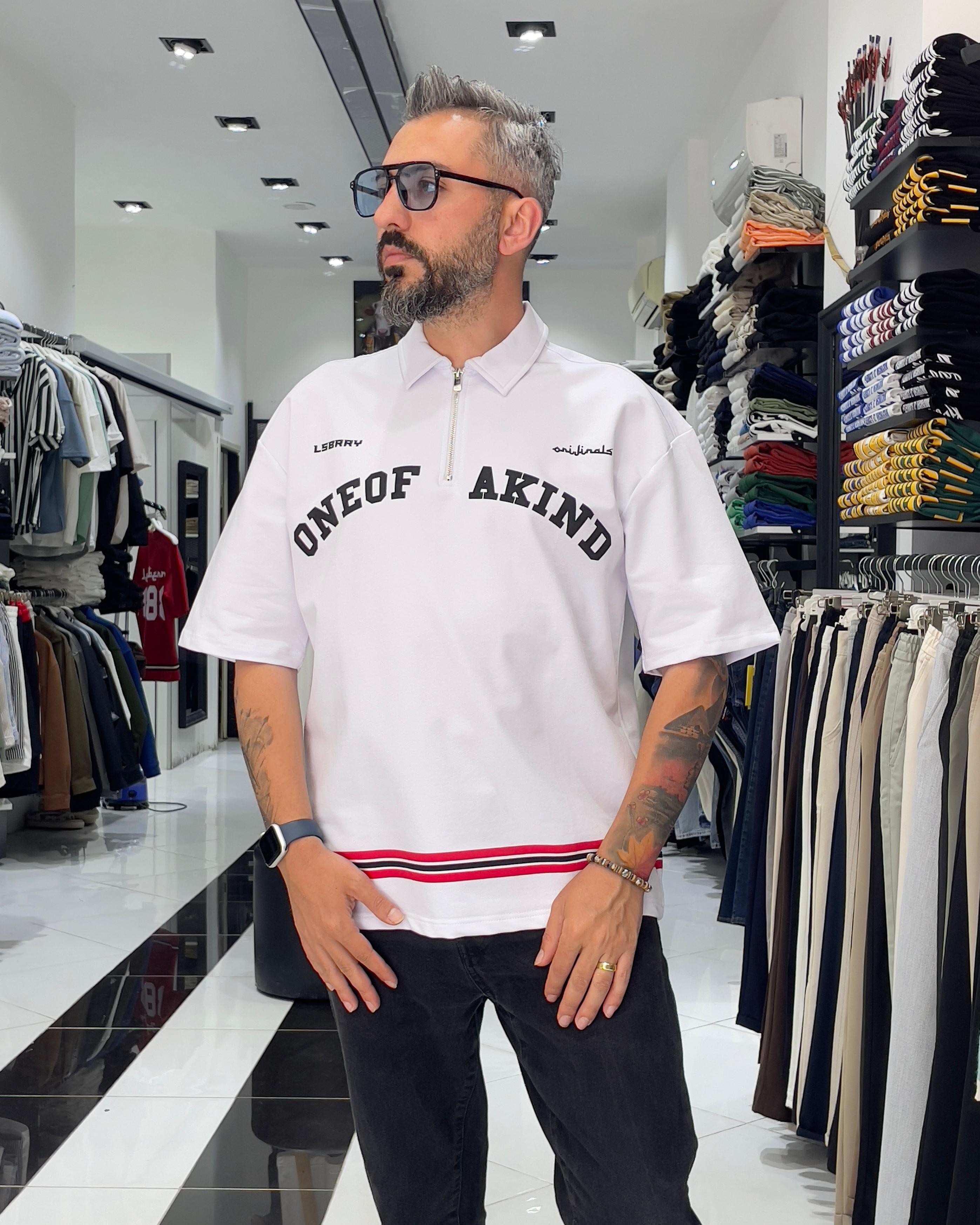 888 Baskılı Oversize Polo Yaka Erkek T-Shirt - beyaz