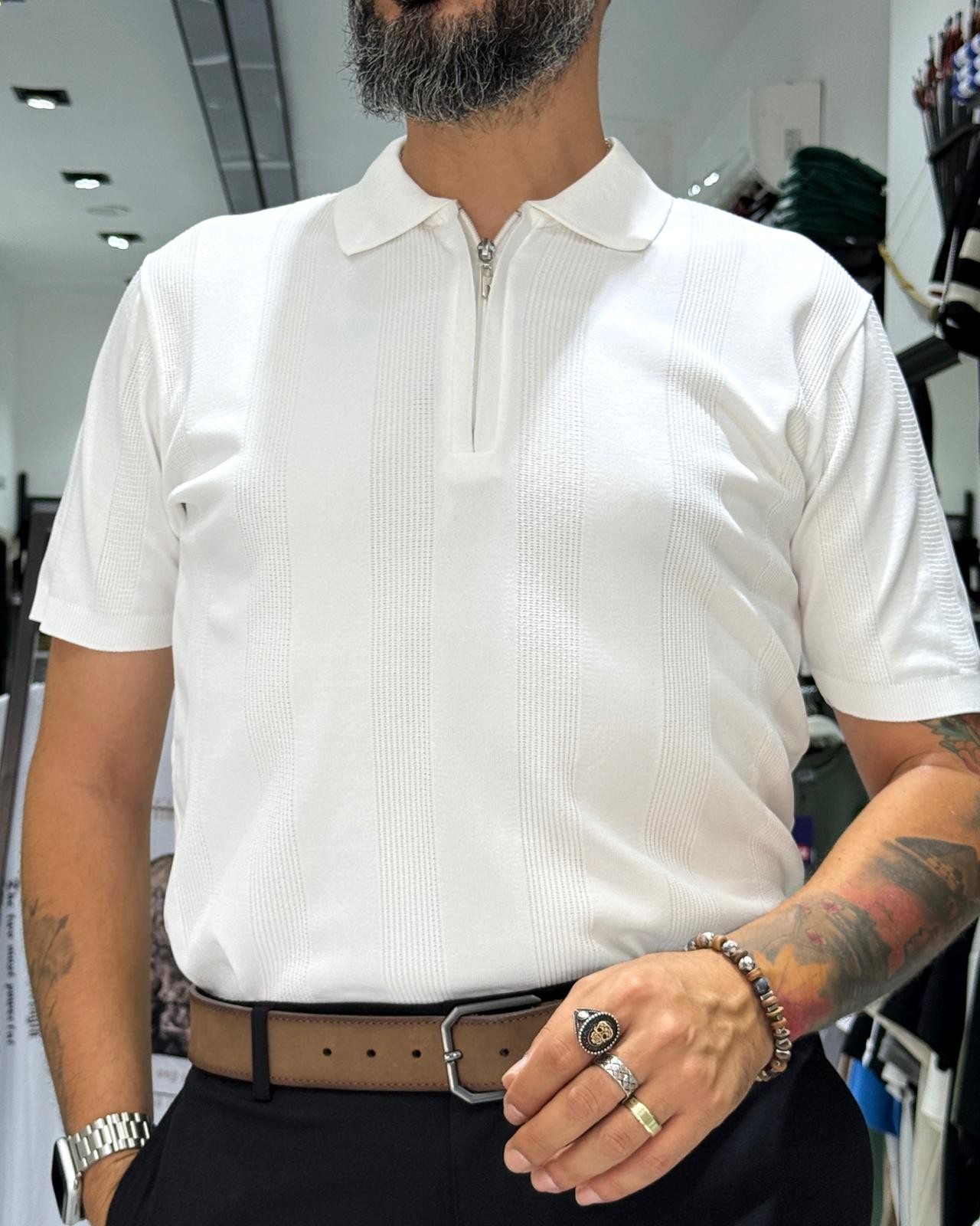  Desenli Polo Yaka Yarım Fermuarlı Erkek T-Shirt - beyaz