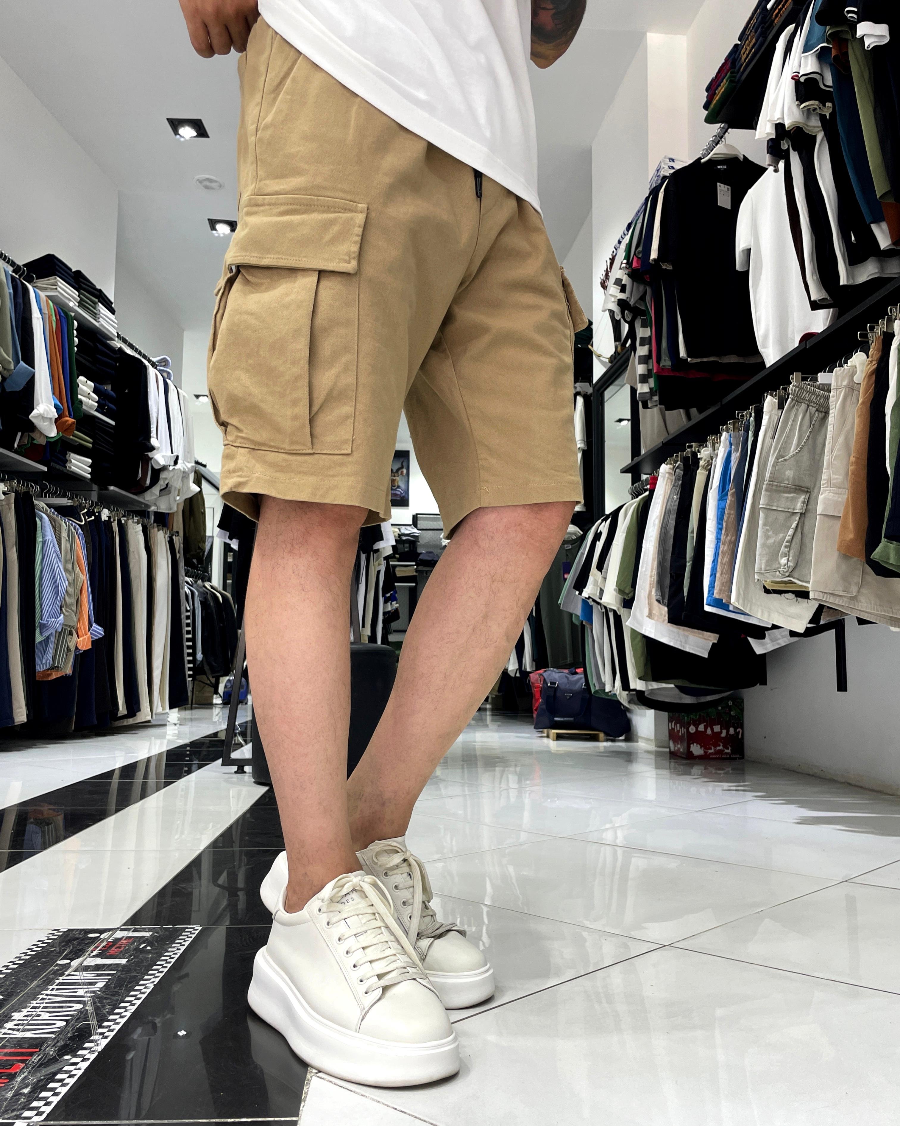 Elastic Waist Denim Shorts with Cargo Pockets - Beige