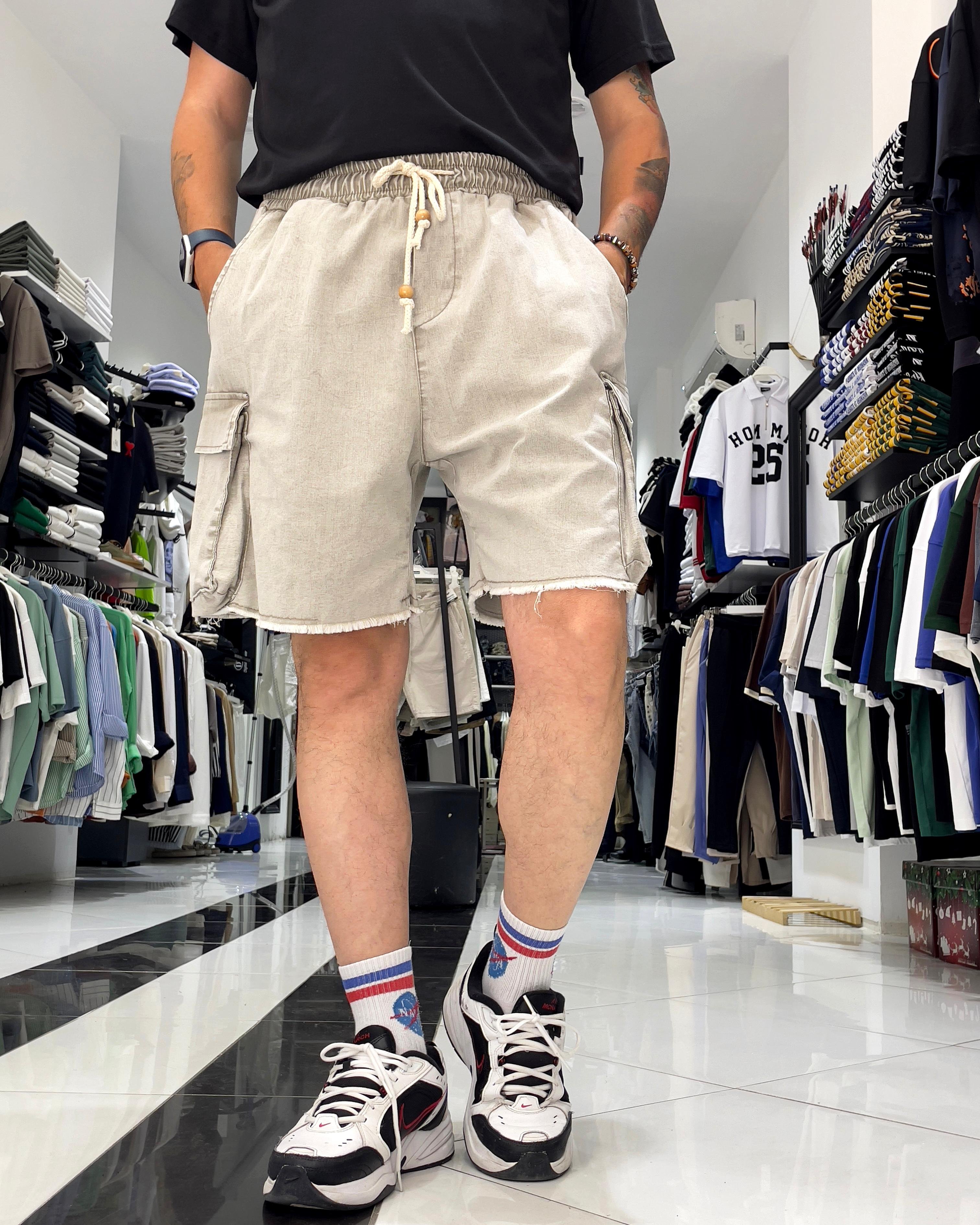 Baggy Fit Organik Denim Erkek Kargo Şort – Higo Man - yıkamalı gri