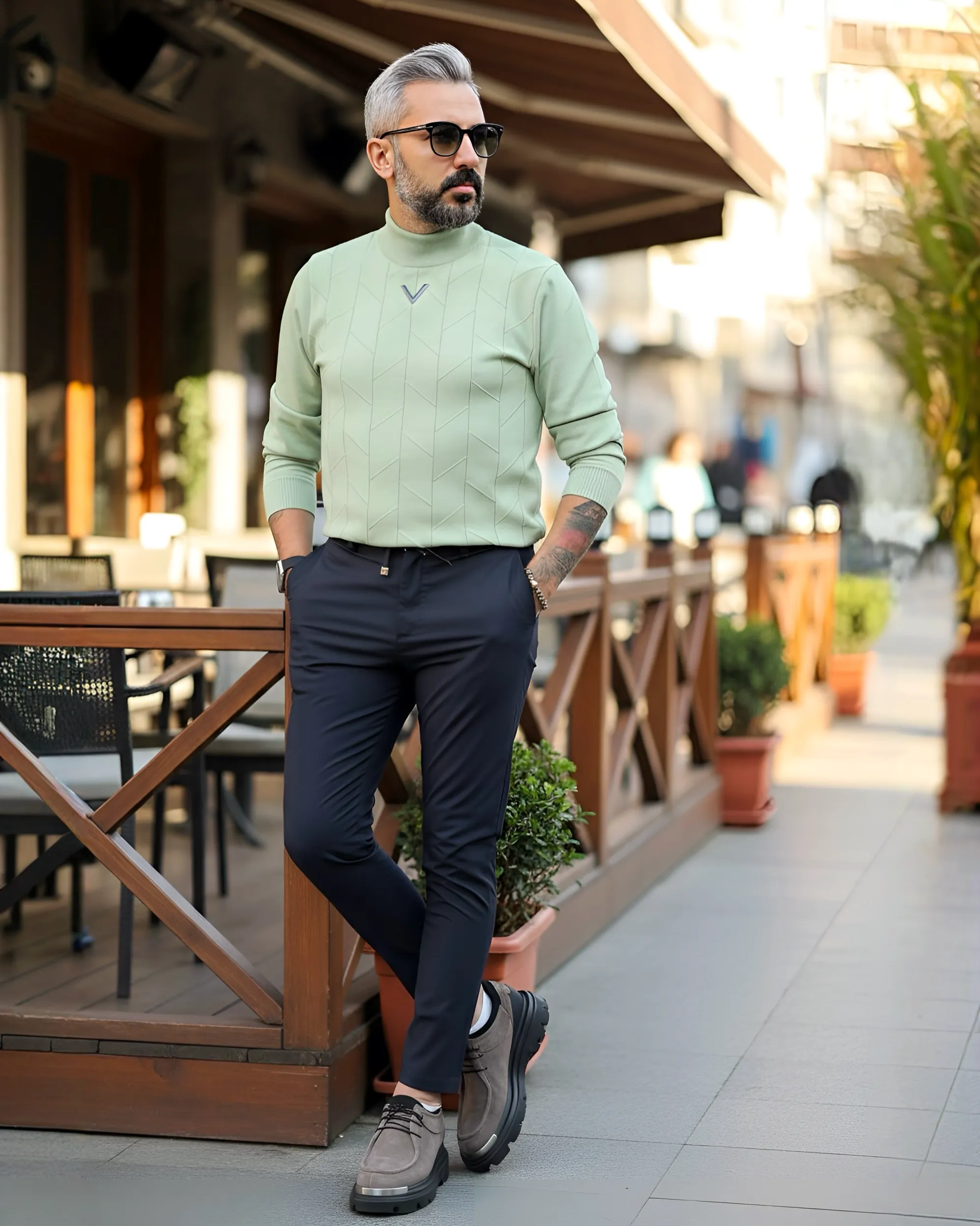 Yarım Balıkçı Desenli Triko Erkek Kazak - yeşil