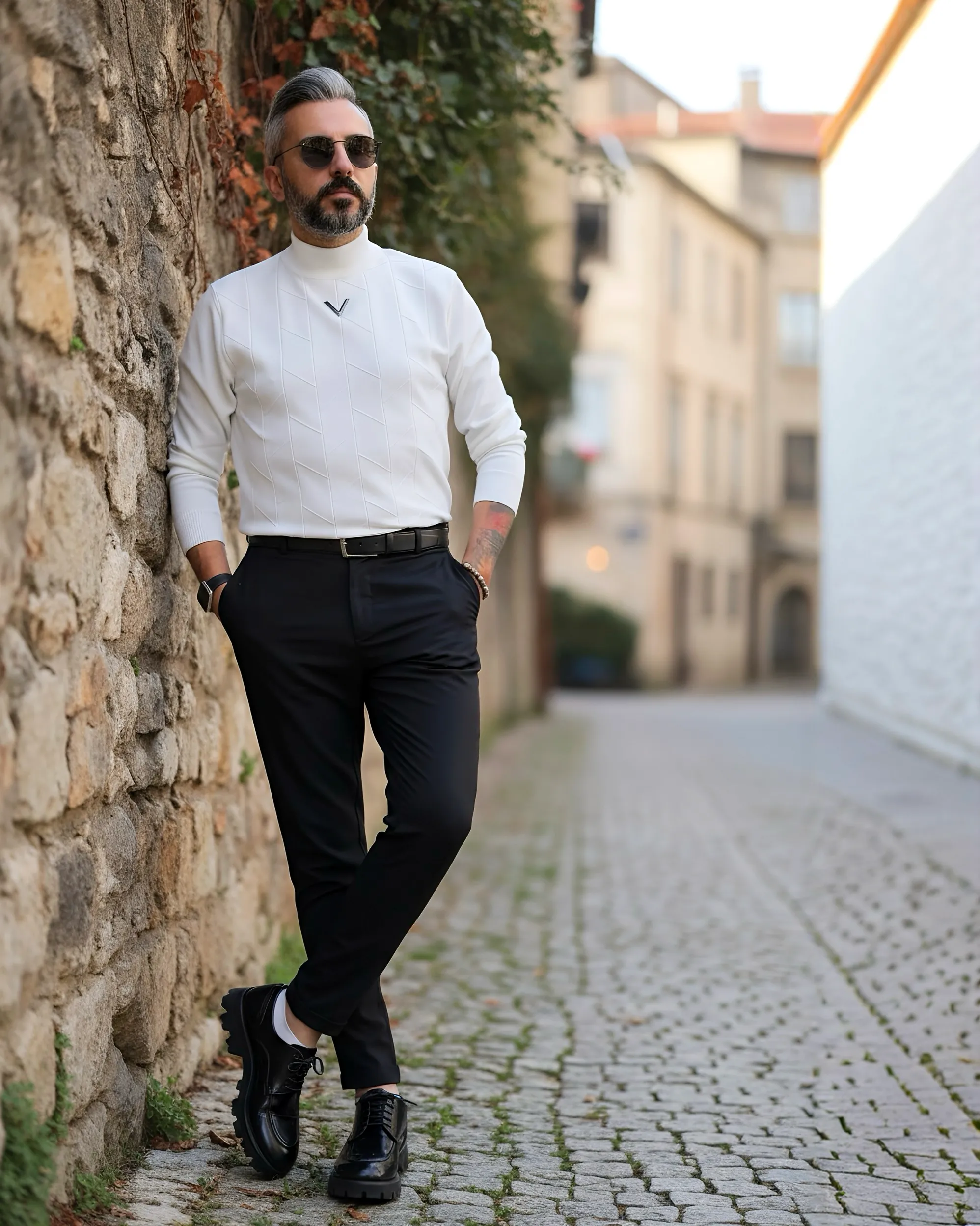 Yarım Balıkçı Desenli Triko Erkek Kazak - beyaz