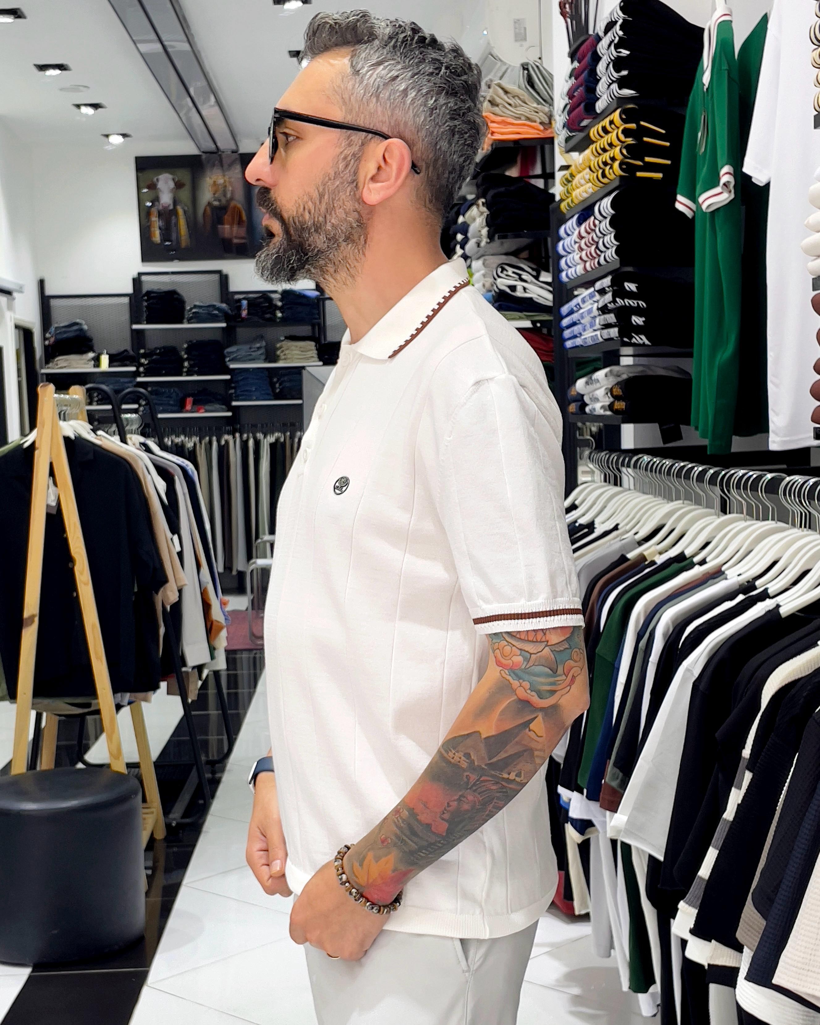 Yaka Ve Kol Detaylı Triko Polo Yaka Erkek T-Shirt - beyaz