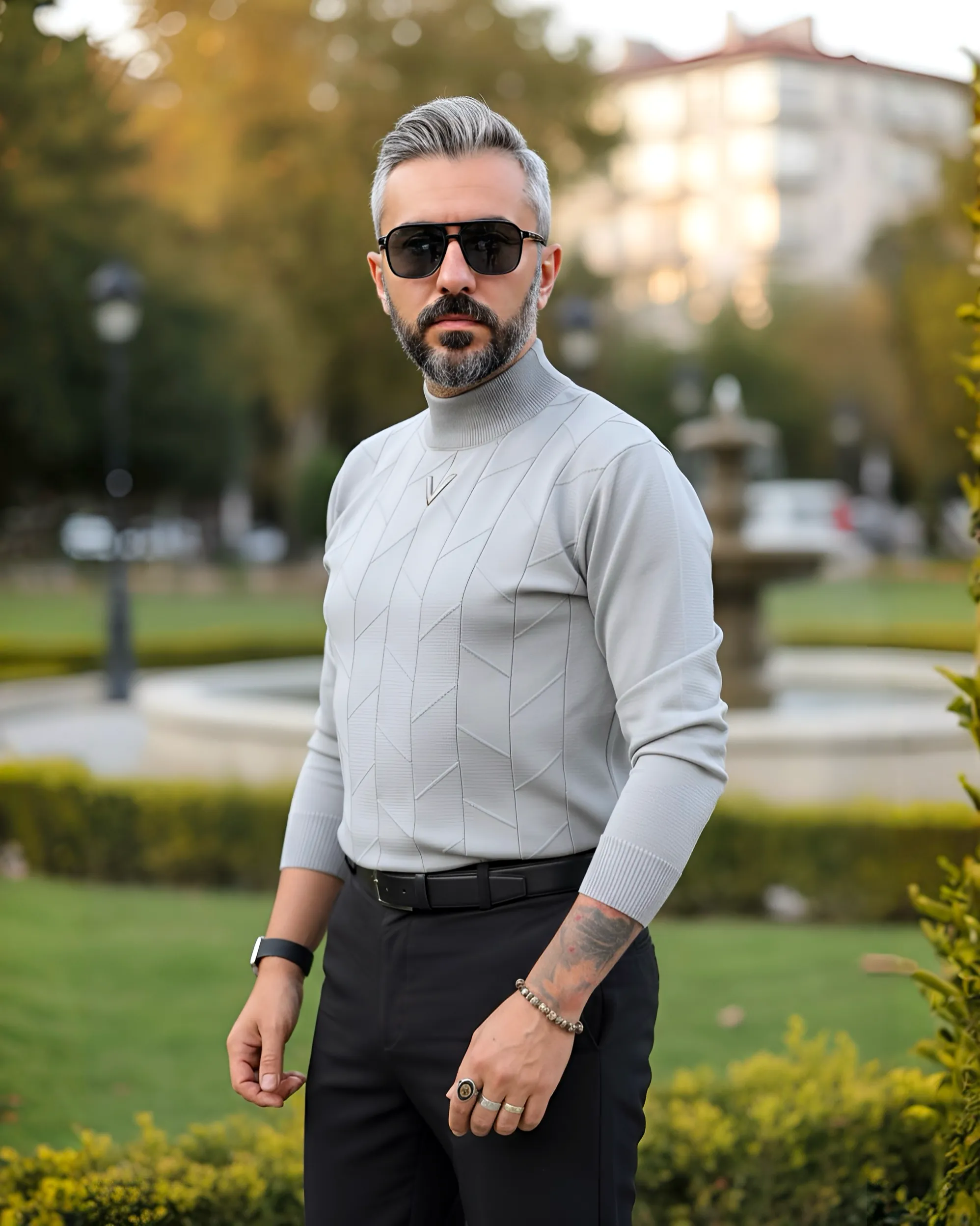 Yarım Balıkçı Desenli Triko Erkek Kazak - gri