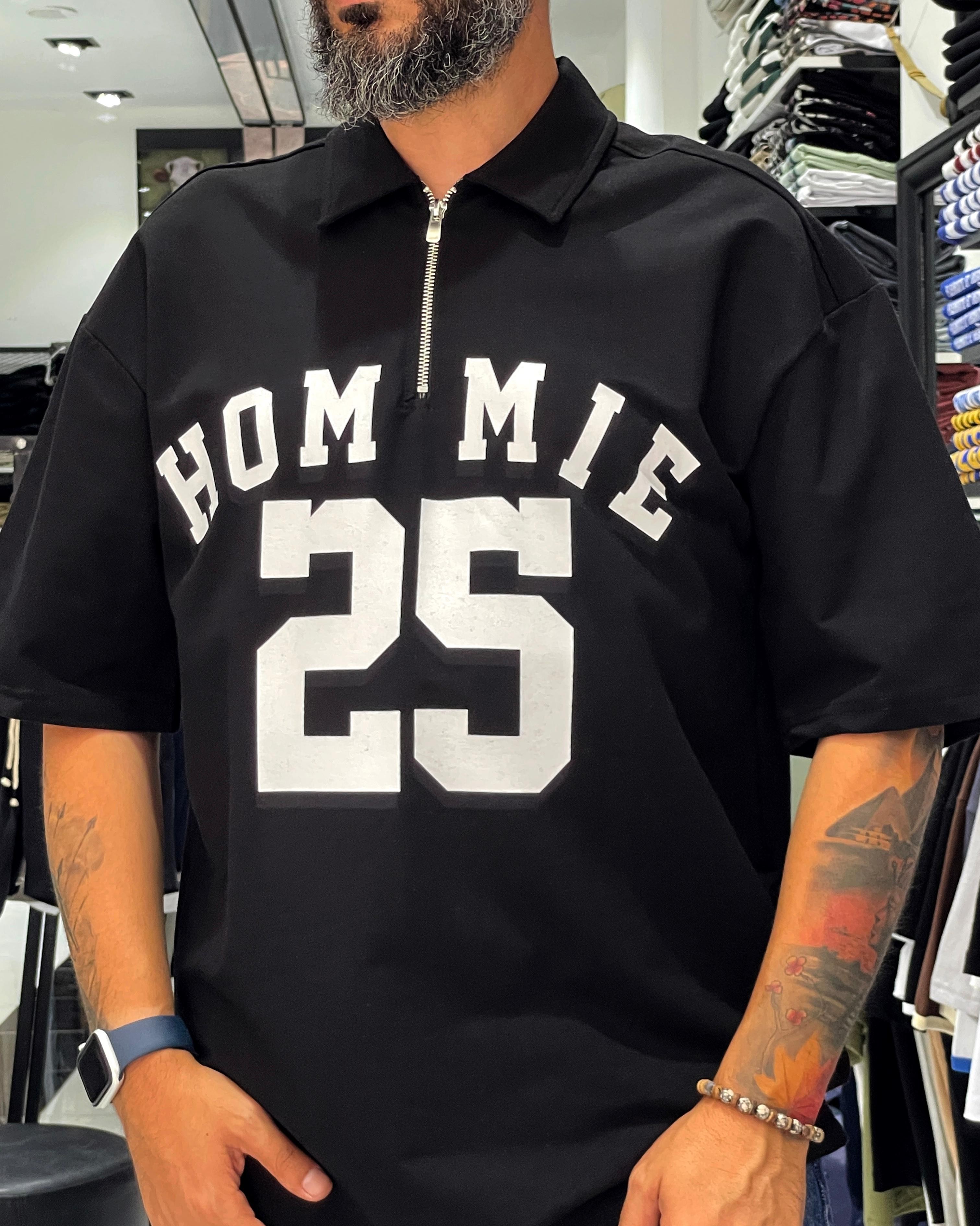 Hommie Baskili Oversize Erkek Polo Yaka T-Shirt - siyah