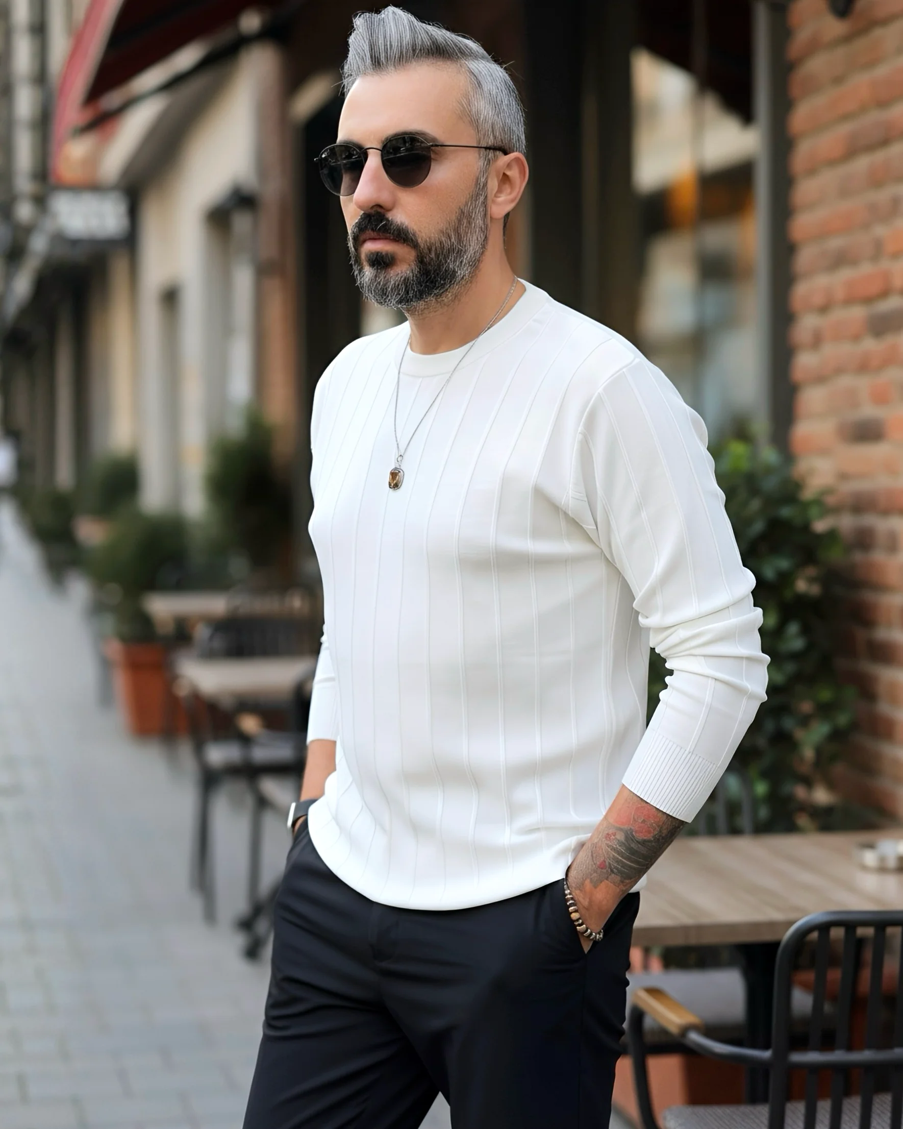 La Forma Fitil Dokulu Bisiklet Yaka Erkek Triko Kazak - beyaz