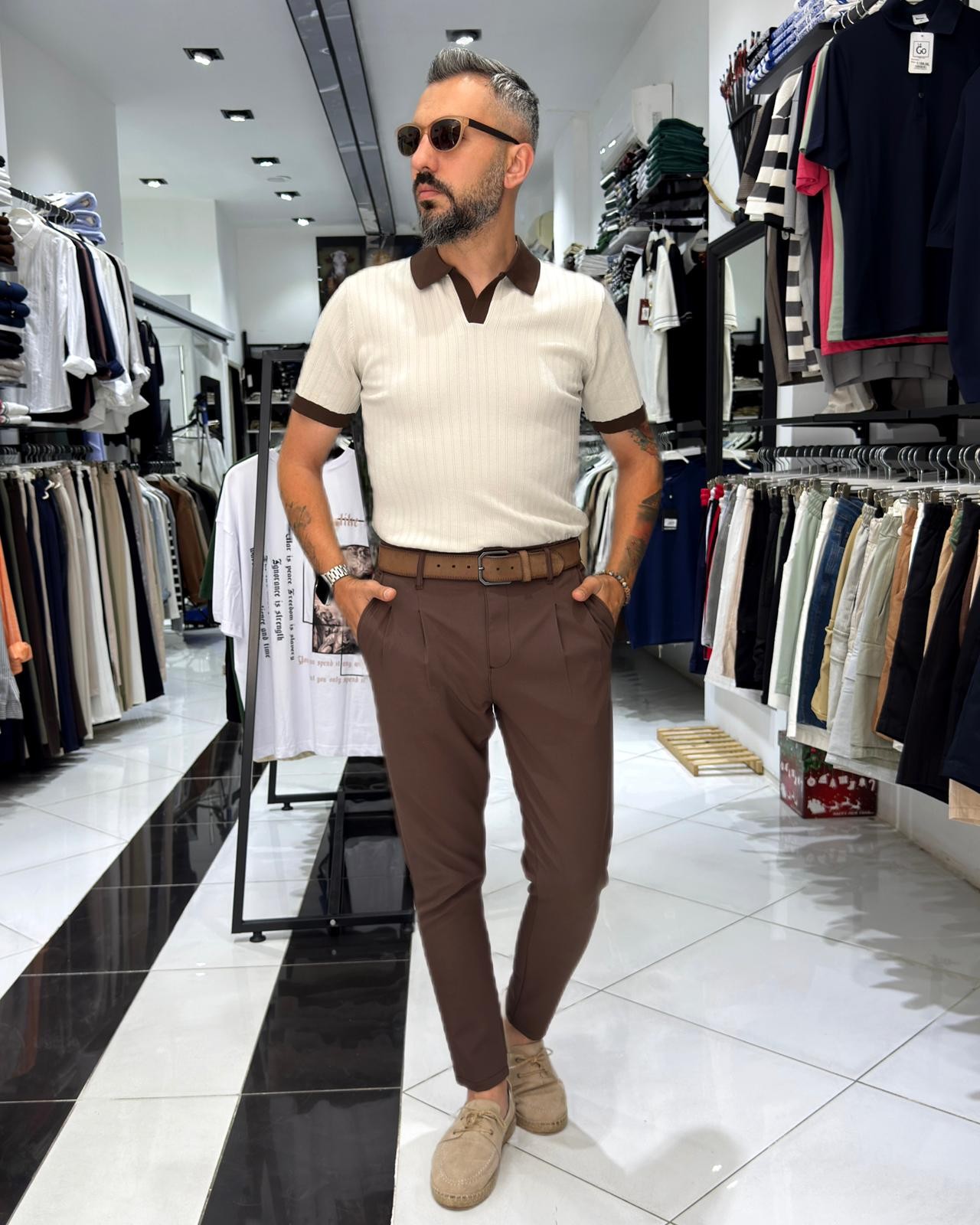 Yaka Detaylı Erkek Triko Polo Yaka T-Shirt - krem