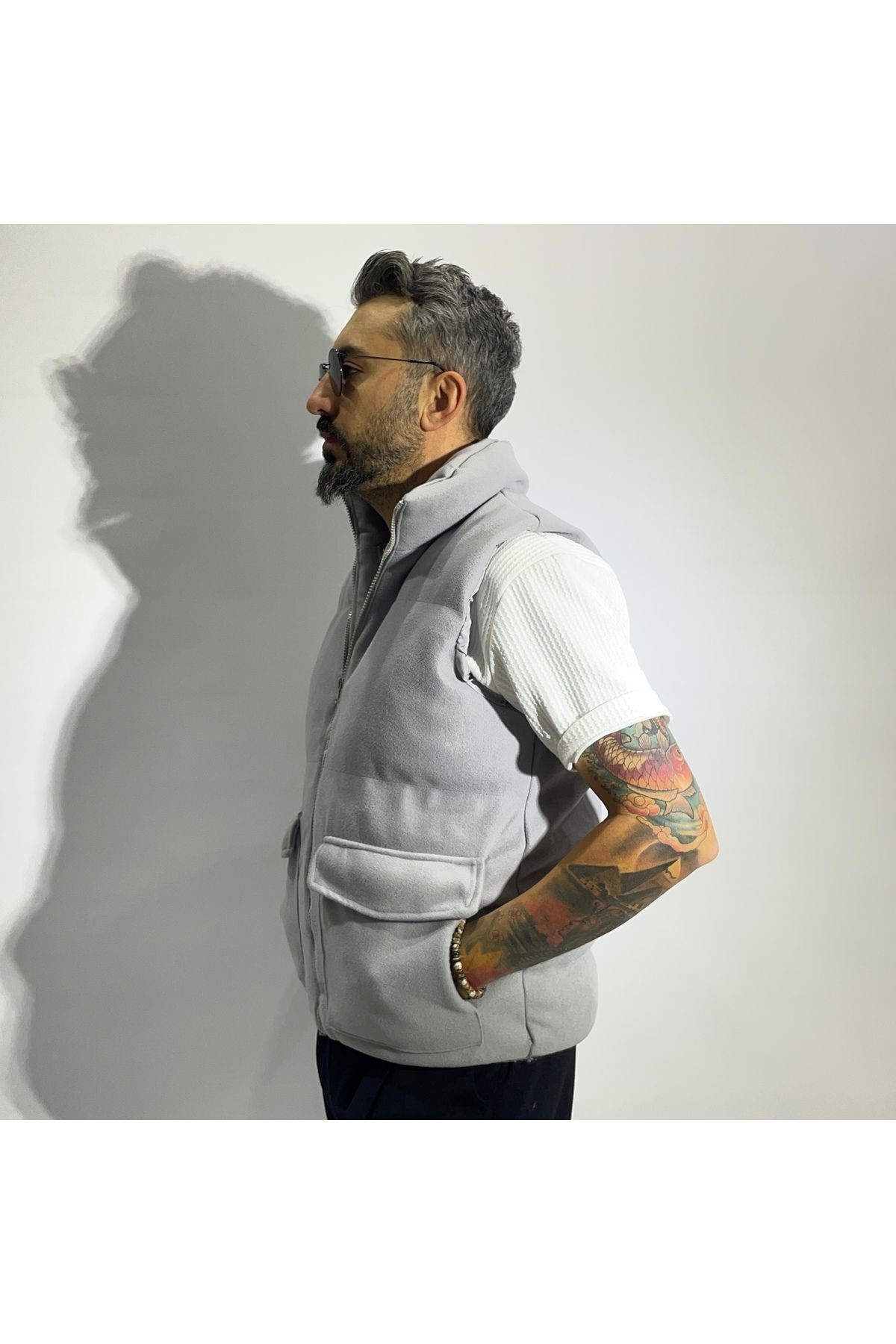 Fiber Filled Cashmere Zippered Men's Vest - Grey