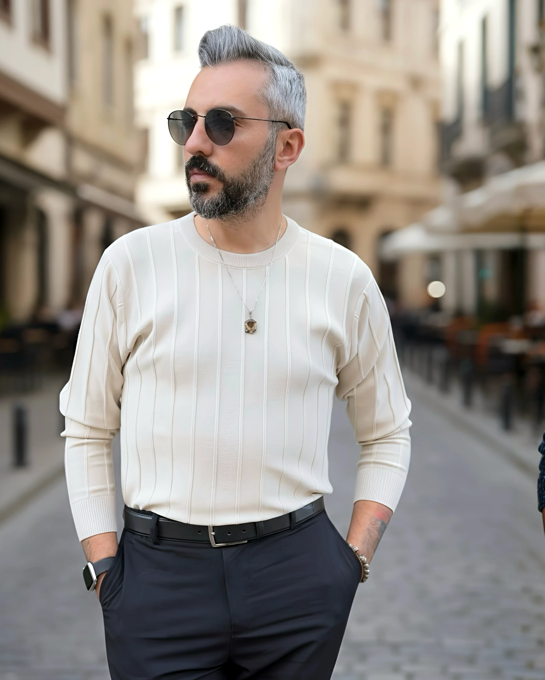 La Forma Fitil Dokulu Bisiklet Yaka Erkek Triko Kazak - bej