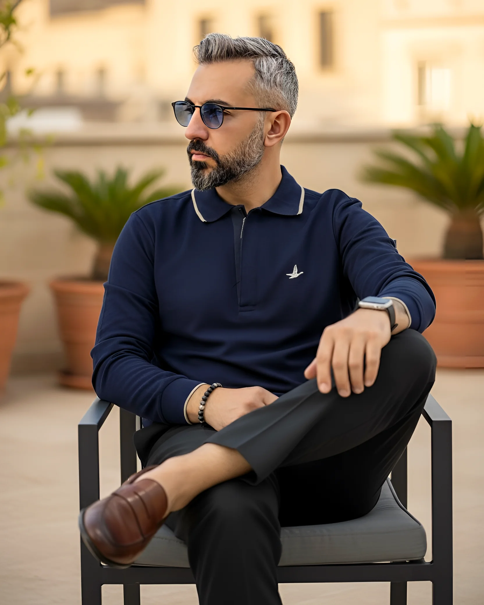 Uzun Kollu  Yarım Fermuarlı Pike Kumaş Erkek Polo - lacivert