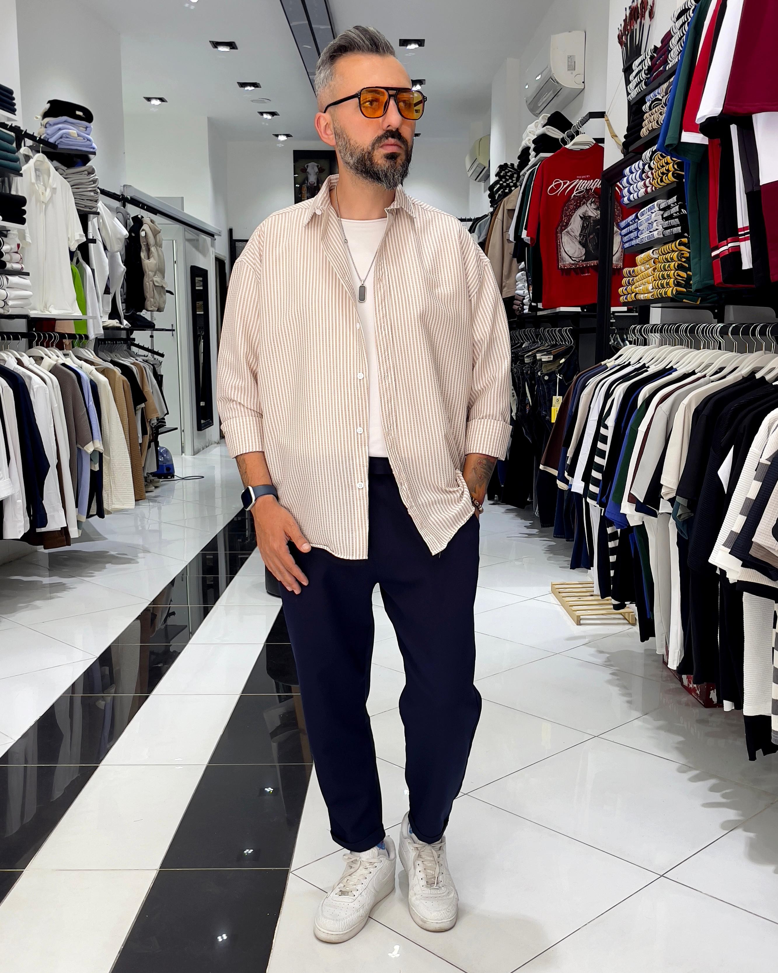 Gofre Kumaş Çizgili Oversize Erkek Gömlek