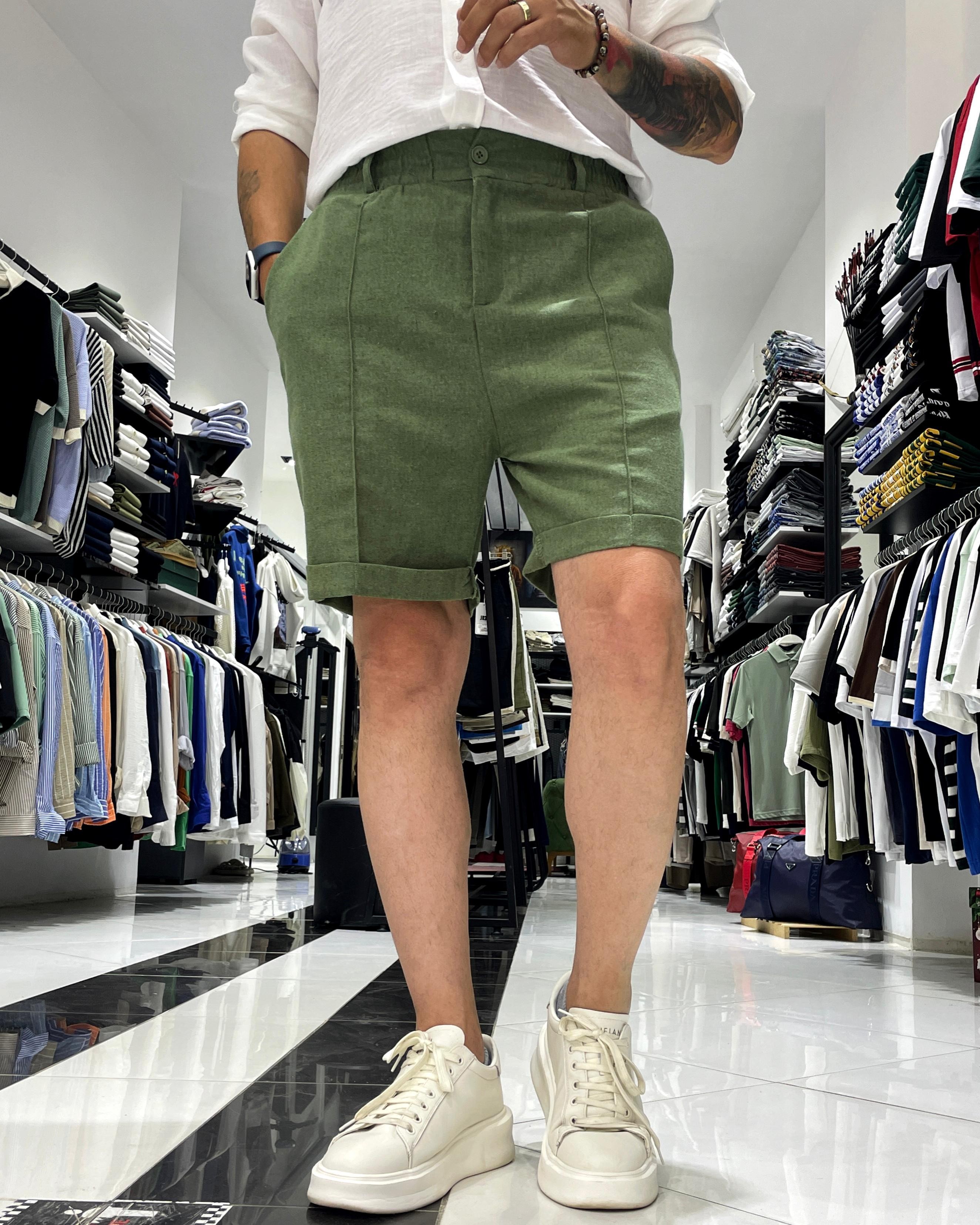 Relaxed Fit Çima Çizgi Detaylı Erkek Keten Pamuk Şort - yeşil