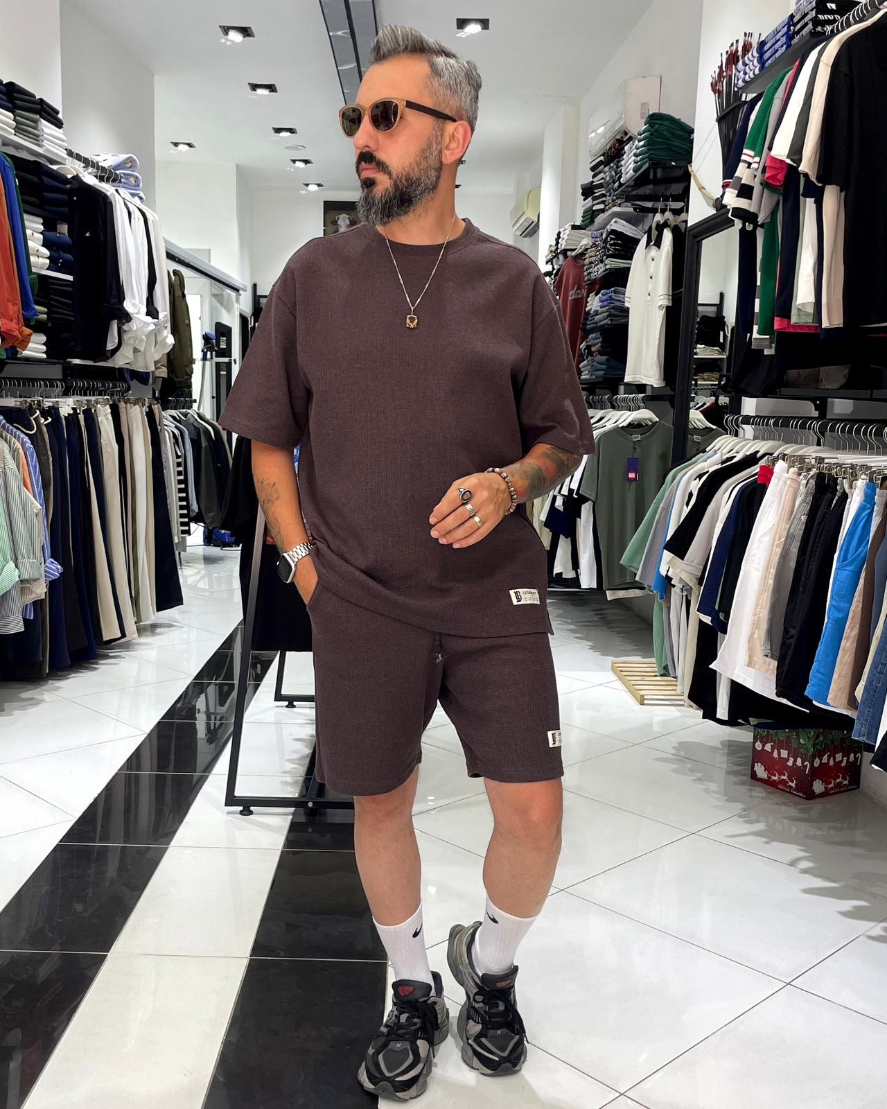 Waffle Kumaş Oversize Erkek T-Shirt & Şort İkili Takım - kahve