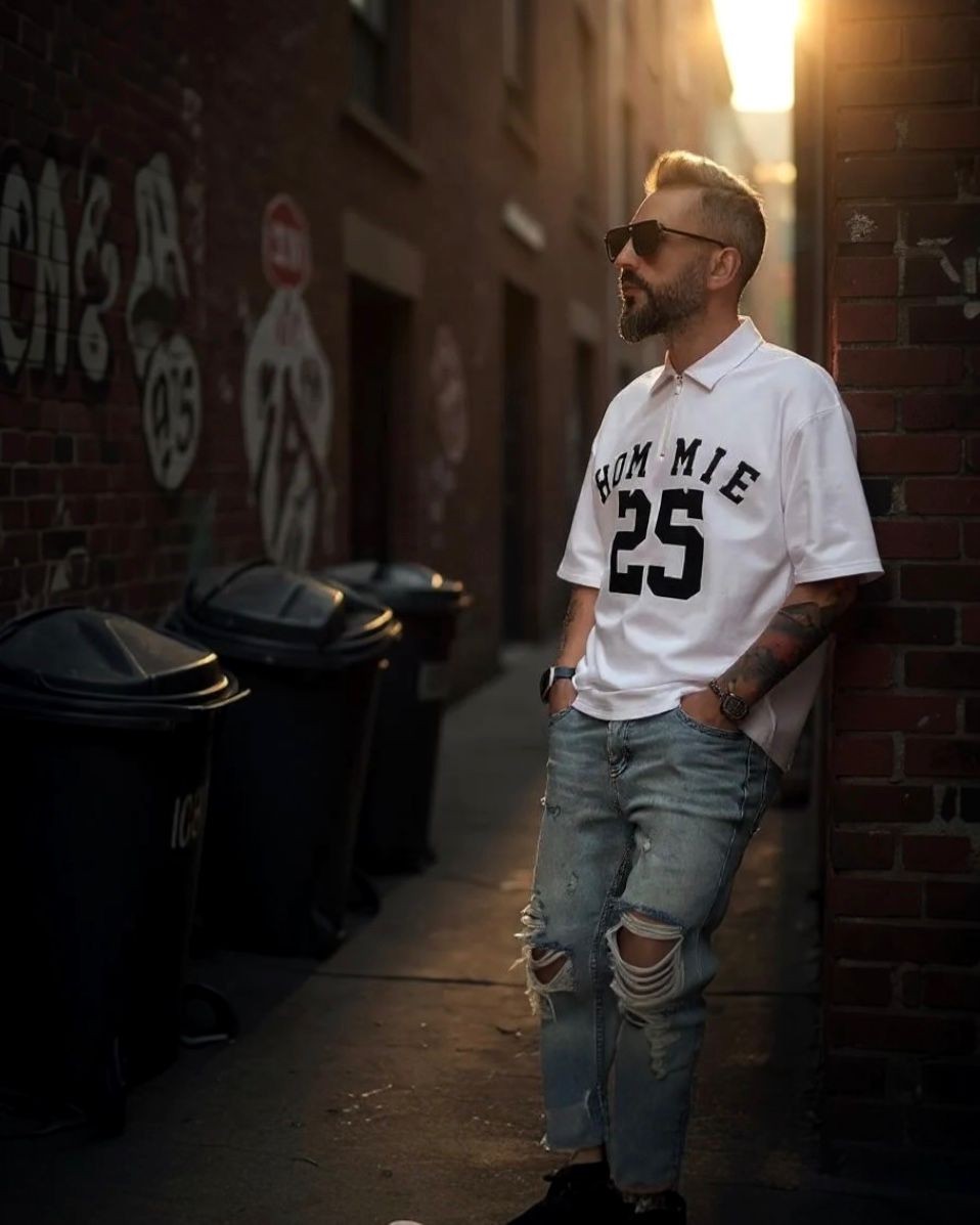 Hommie Baskili Oversize Erkek Polo Yaka T-Shirt - beyaz