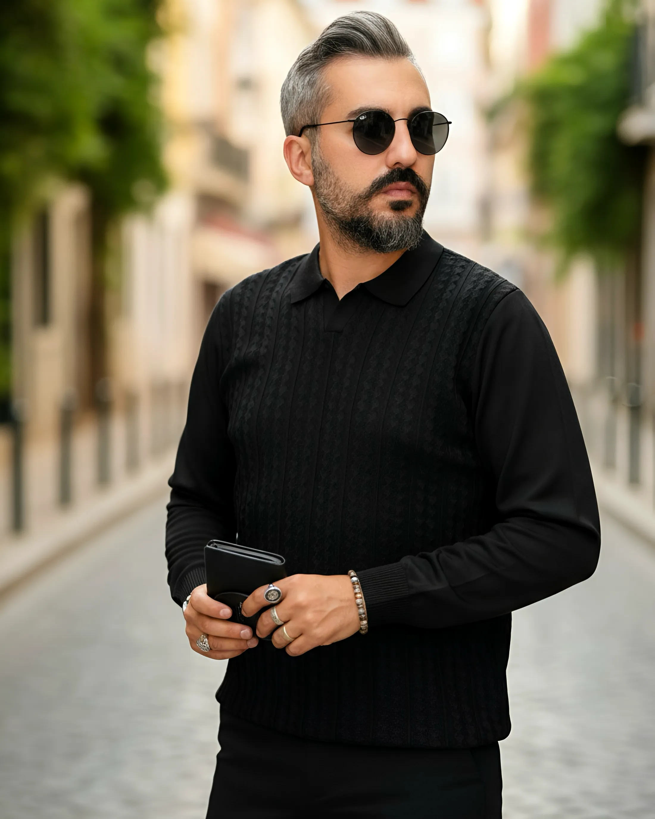 Elegance Erkek Old Money Uzun Kollu Triko Polo Yaka Kazak  - siyah