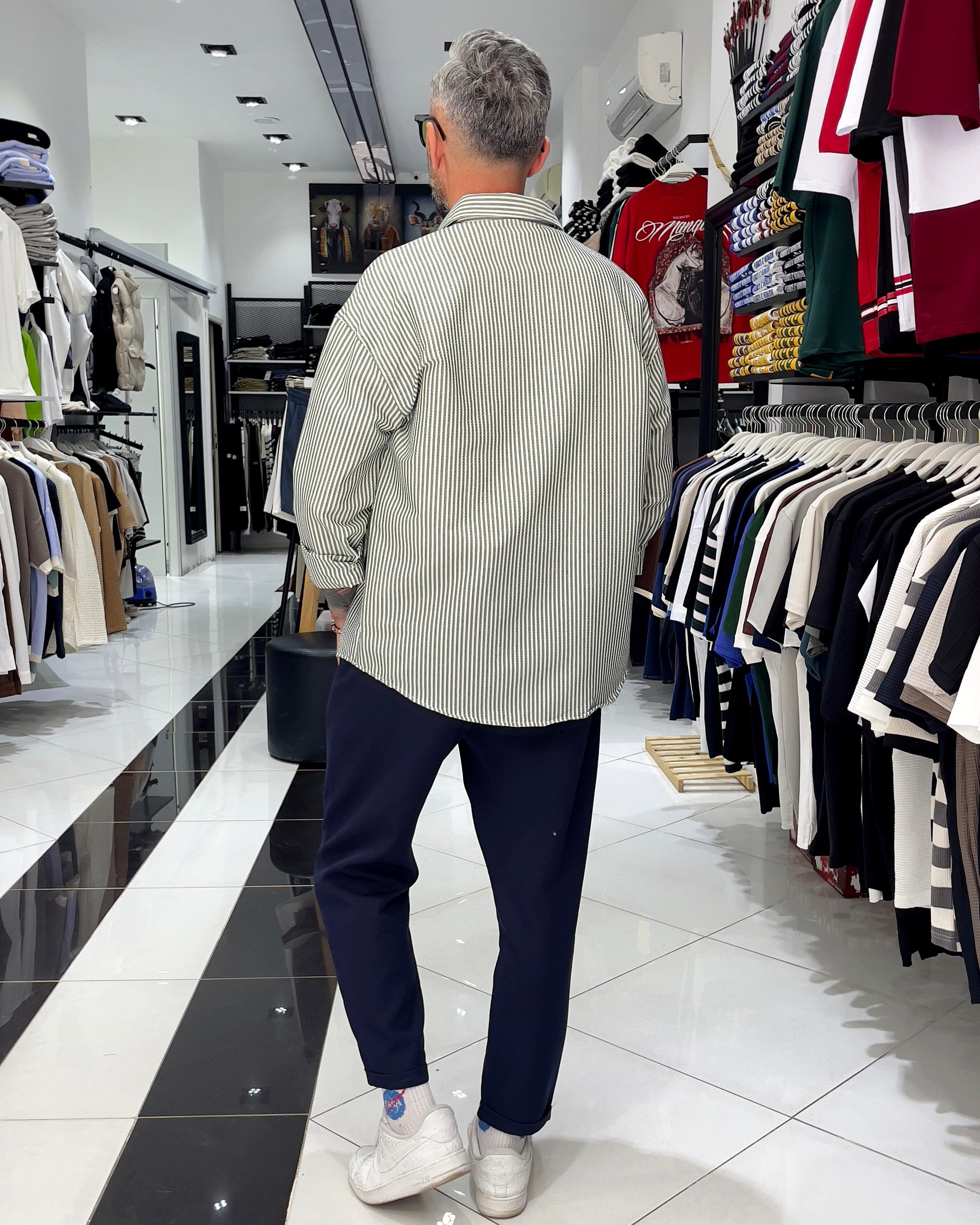 Gofre Kumaş Çizgili Oversize Erkek Gömlek - haki