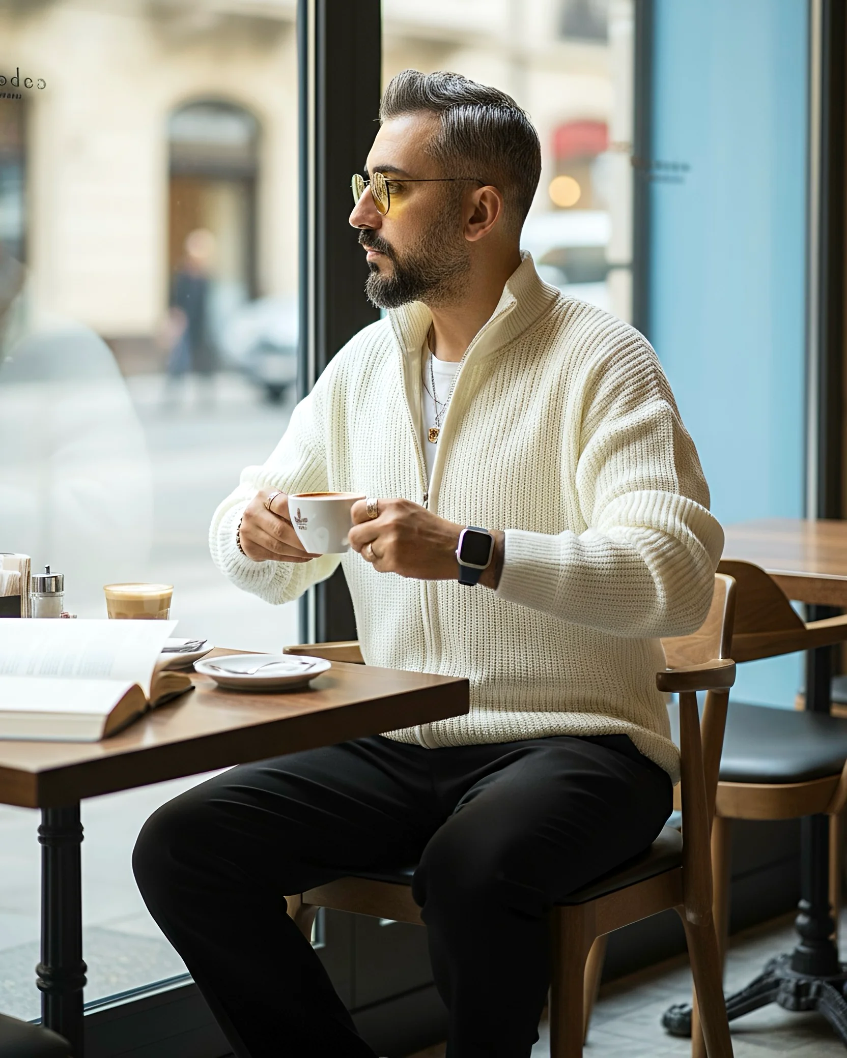 Knitted Zippered Oversize Men's Cardigan - Ecru