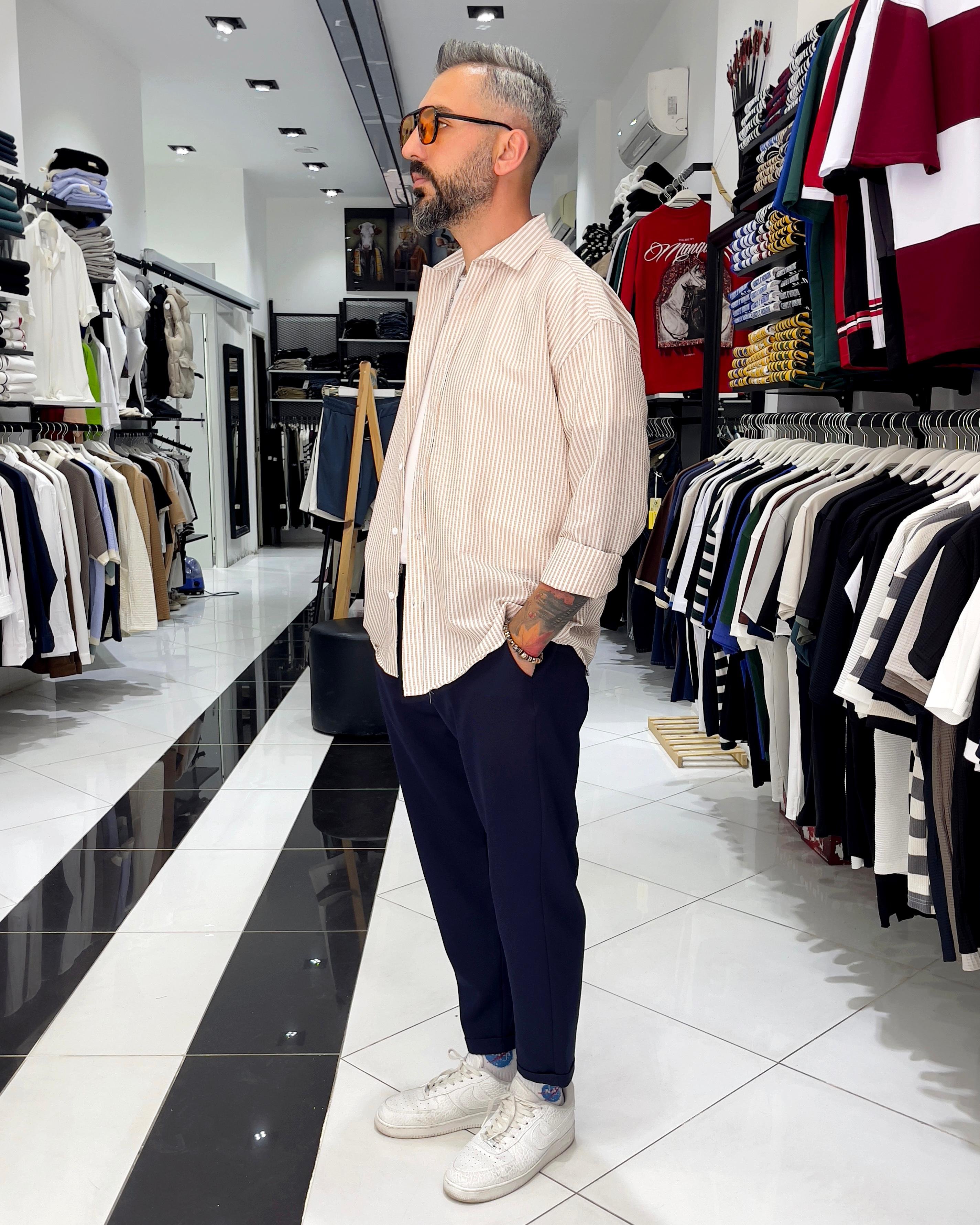 Gofre Kumaş Çizgili Oversize Erkek Gömlek