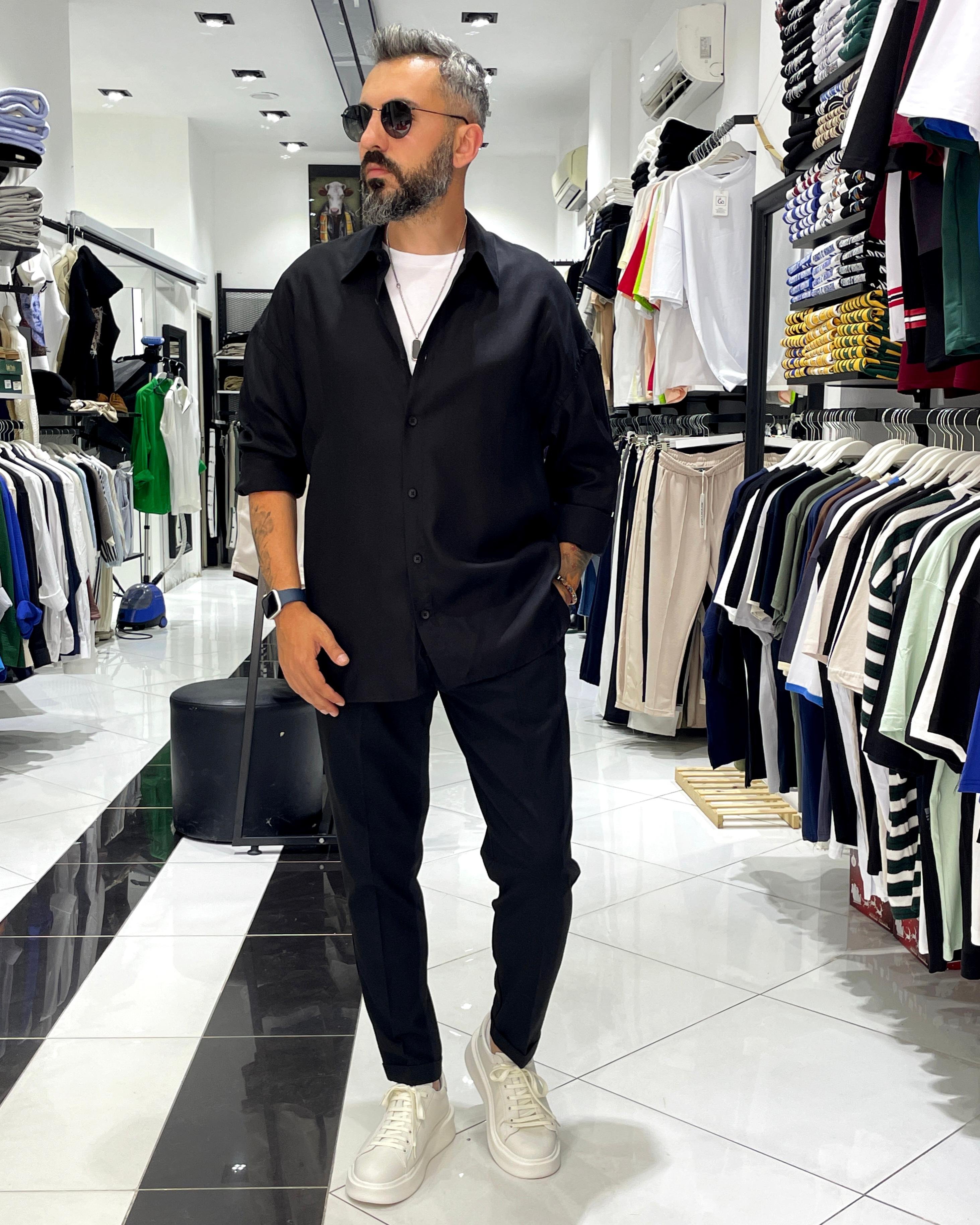 Tensel Kumaş Ekstra Oversize Erkek Gömlek - siyah