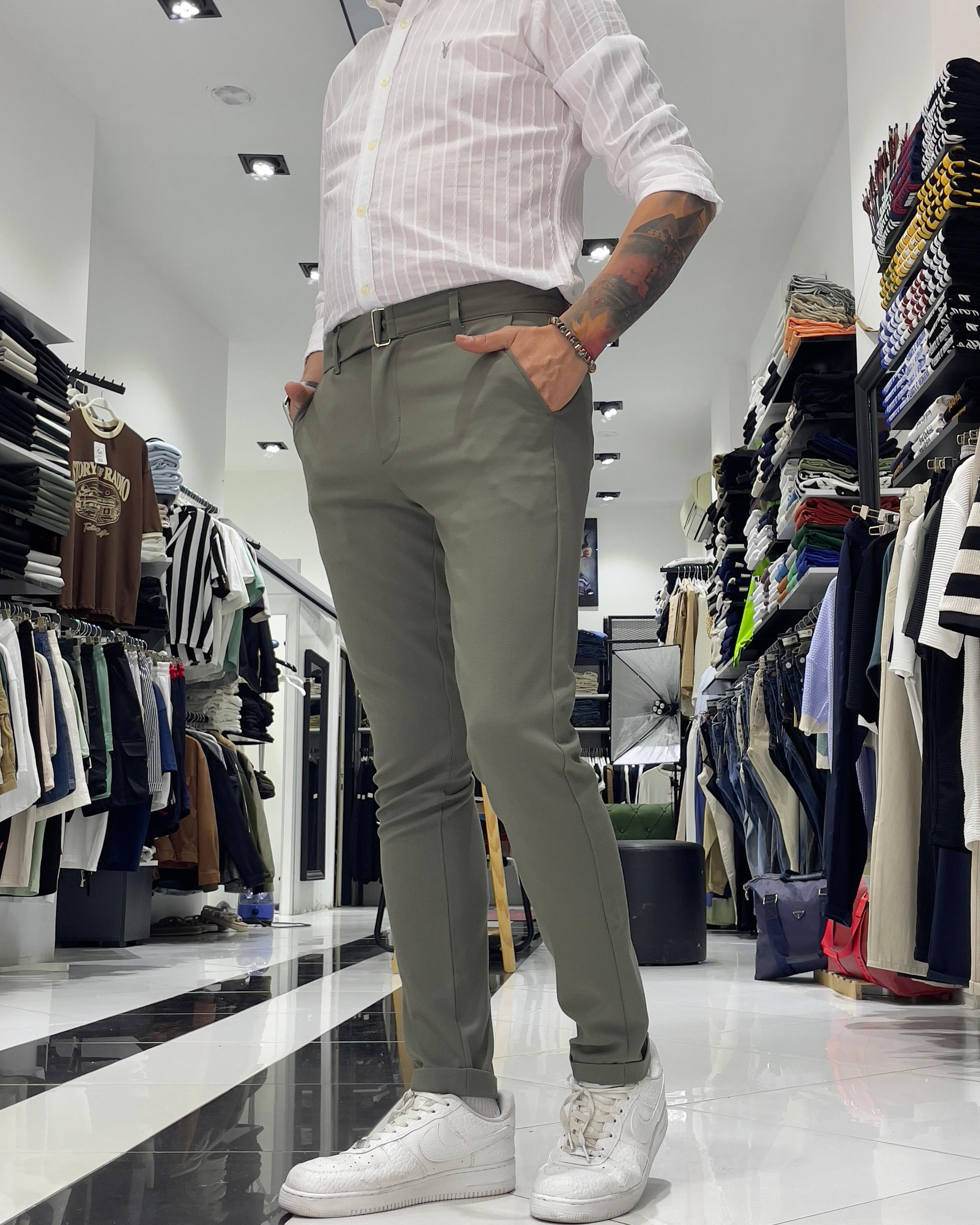 Italian Style Belted Men's Fabric Trousers - Khaki green
